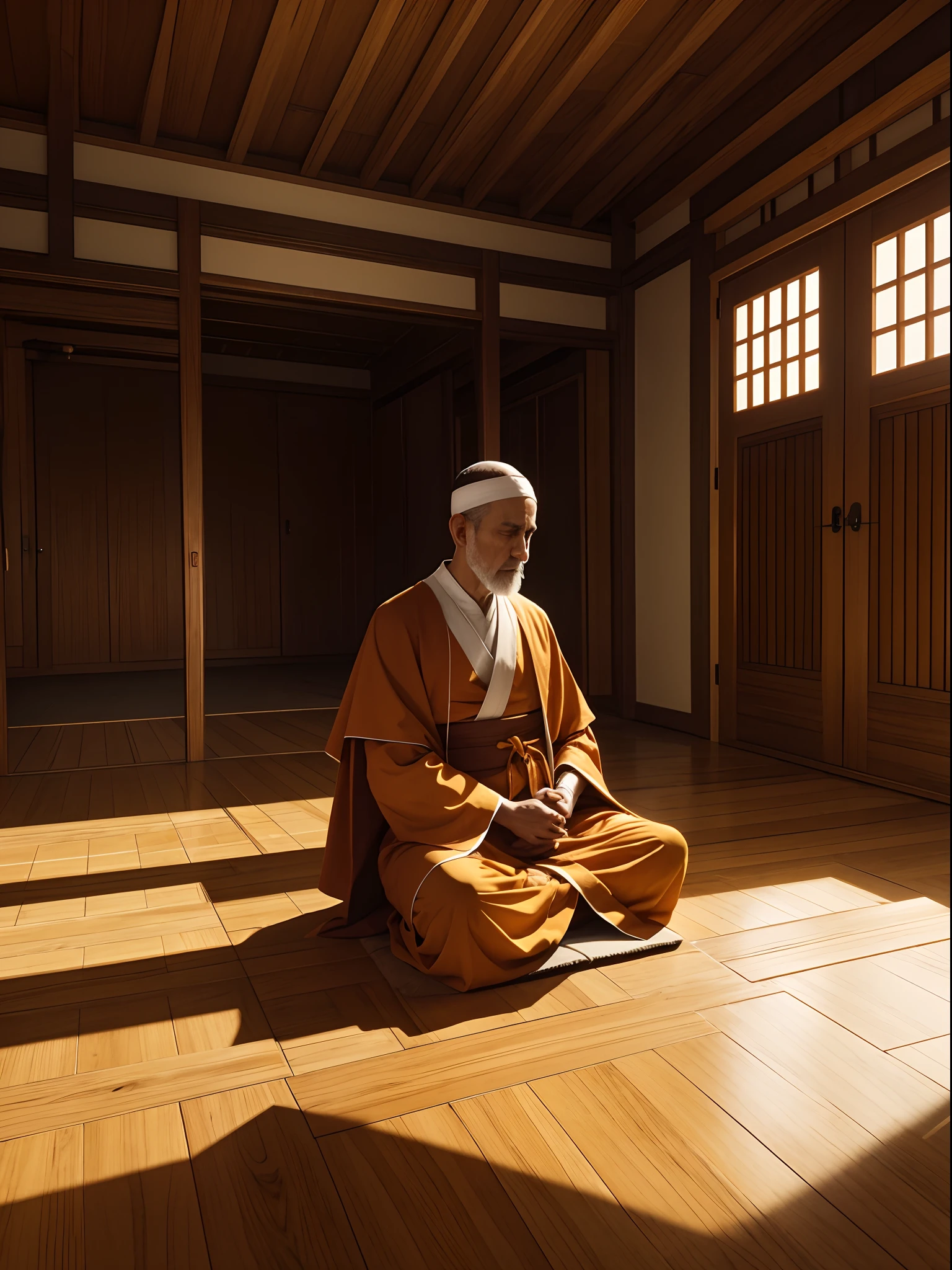 Crie um monje budista, sentado ,com vestimenta da cor s laranja, em uma sala zen, with wooden floor , 4K ultra-high-definition image