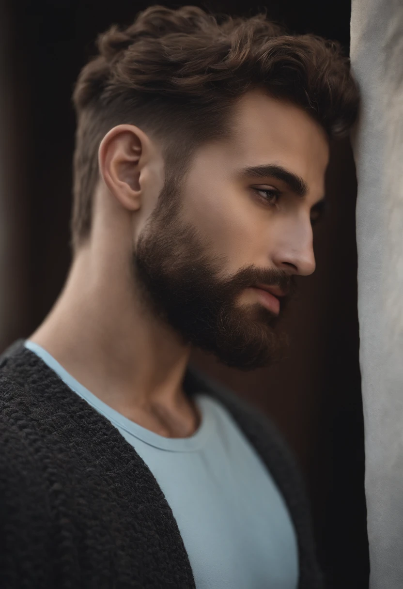 Homme de 20 ans avec barbe, poitrine poilue, hairy shoulders, sparse chest hair, cheveux, Strong male characteristics, Very attractive man with beard, Bel homme Barbu, torse masculin partiellement poilu, Barbu, chaume, Male characteristics, Curly beard, perfect details, very realistic, yeux bleus, Characteristics of Arabic, Random Summer Clothes