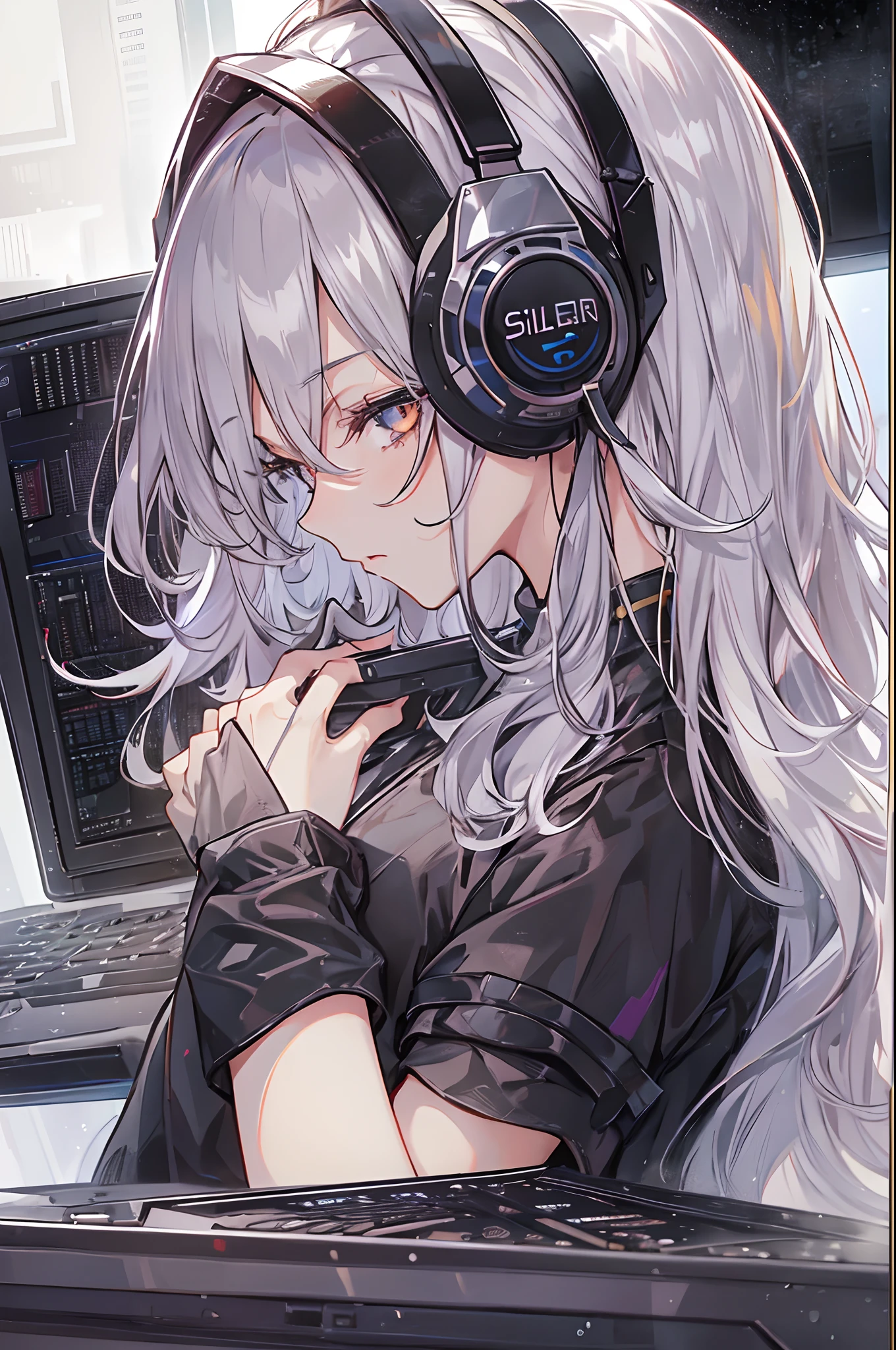 Woman using computer with big screen、silber hair、Semi-long hair、Wearing cool headphones,{{{{{{{{ Black Parker Oversize }}}}}}}},beautiful and delicate golden eyes,Thinking,Black clothes,