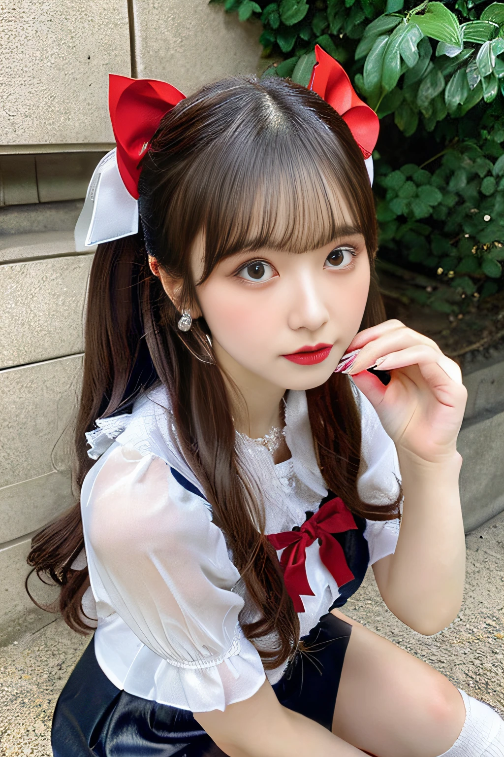 ousaka shizuku,love live! nijigasaki high school idol club,1girl,blue eyes,brown hair,long hair,ponytail,hair between eyes,red bow,bow,small breasts,medium breasts, hu tao,genshin impact,an extremely delicate and beautiful girl,twintails,black hair,red eyes eyes,shorts,black jacket,leather shoes,white short socks,flower shaped pupils, 3d, Stereoscopic feeling, full body, looking at viewers, Close-up shots, hand on hip, beautiful detailed fullbody, neat figure, girl, long hair blown up, short hair with long locks, Air bangs, long bangs between eyes, hair over shoulder, hair intakes, detailed black hair, floating hair, Beautiful face, light blush, furrowed brow, lovely big eyes, nail polish, medium bust, Bare navel, perfect and delicate limbs, black eyes, red bow, hair bow, earrings, Beautifully gorgeous necklace, flower, short dress, dress shirt, white panties, white footwear, flowing lace, crop top, white legwear, floral print cloth,