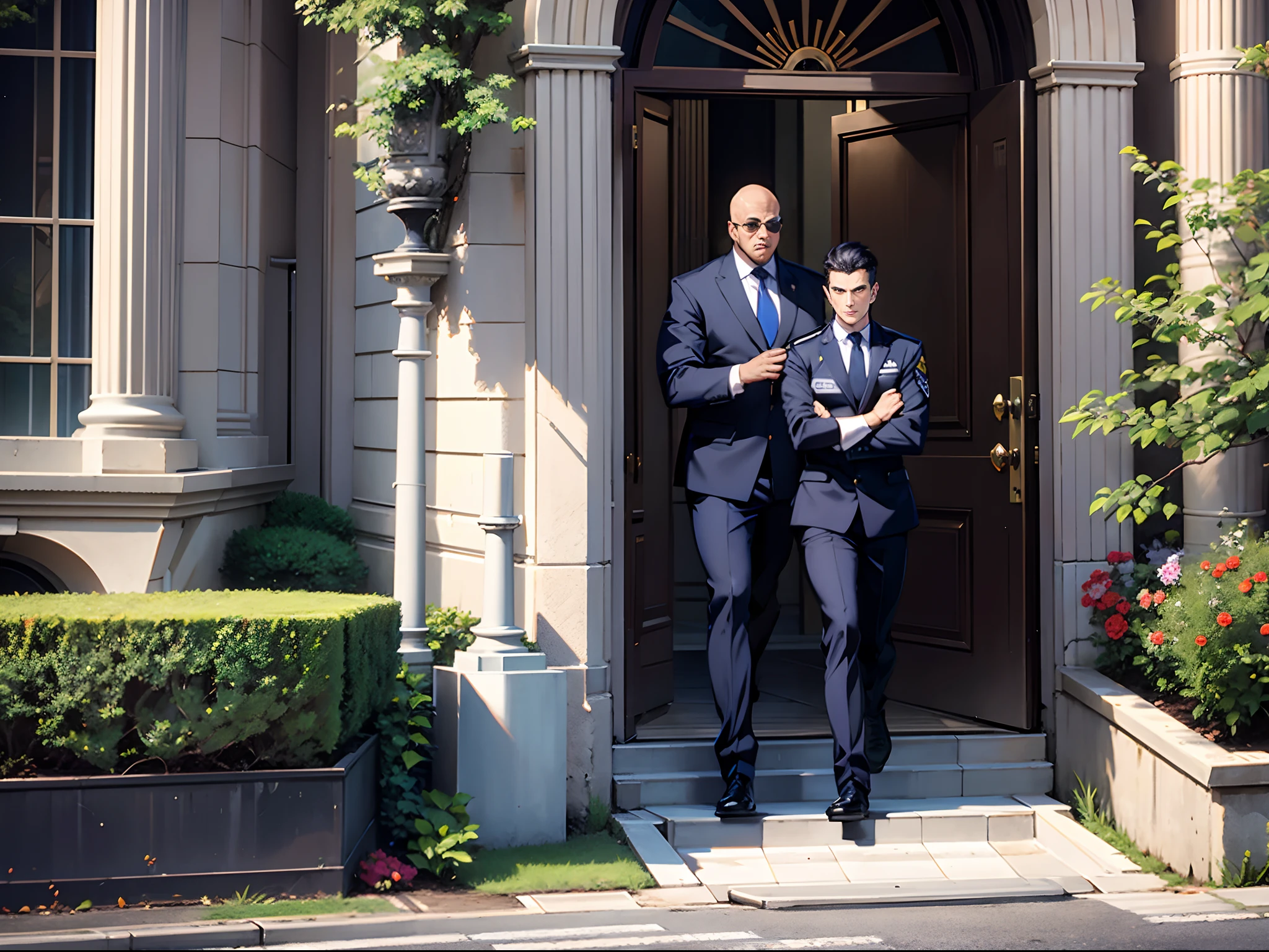 Two fierce male security guards came from a distance in front of the mansion,(Wear security guards)The figure is very long