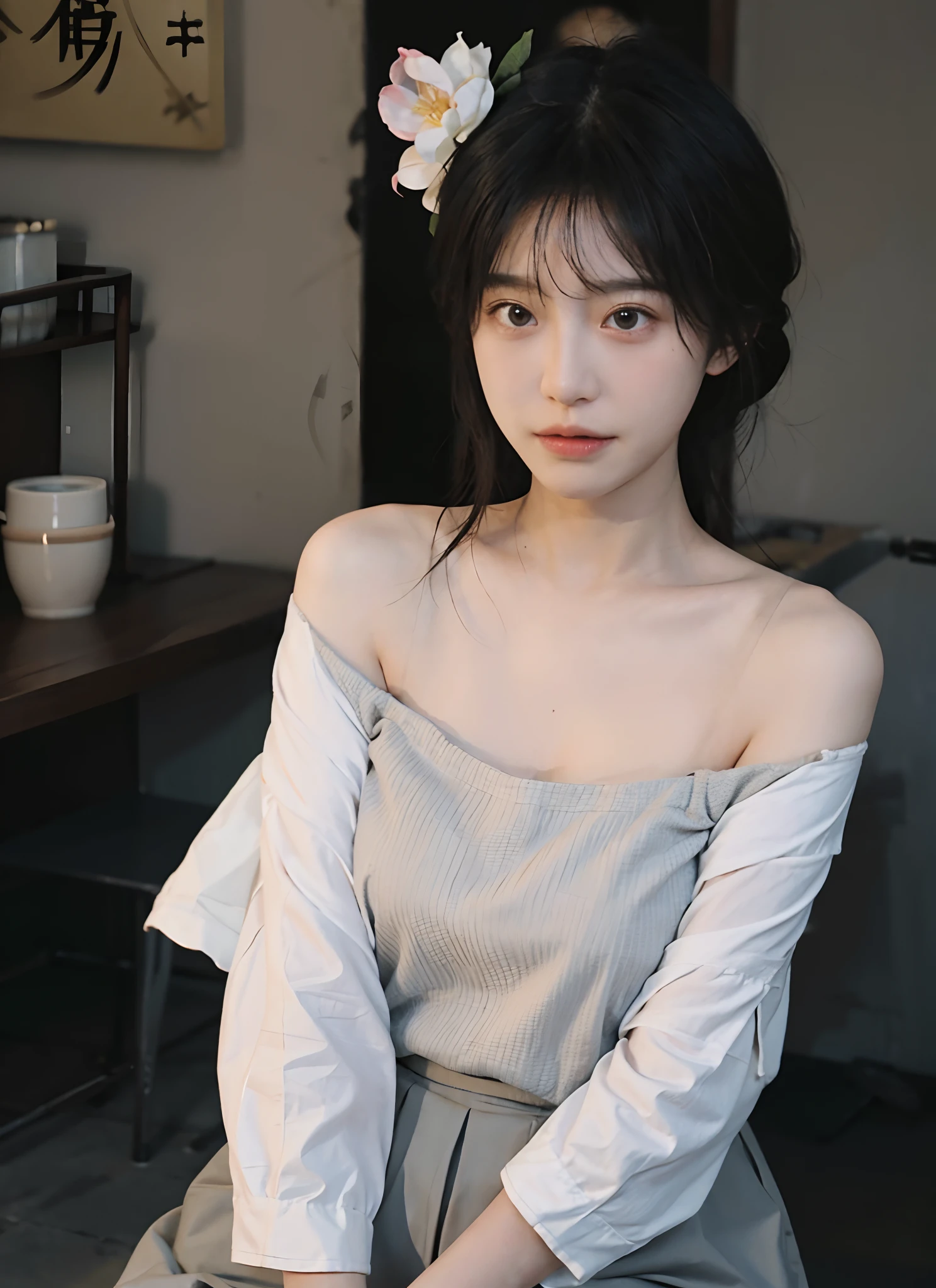 best qualtiy, 超高分辨率, (realisticlying:1.4), one-girl, A pair of clear and moving peach blossom eyes,Royal Sister,Off-shoulder white shirt, Yellow tight skirt, (Faded gray-gray hair:1.2), (big cleavage breasts:1.2), looking at viewert, closeup cleavage ,