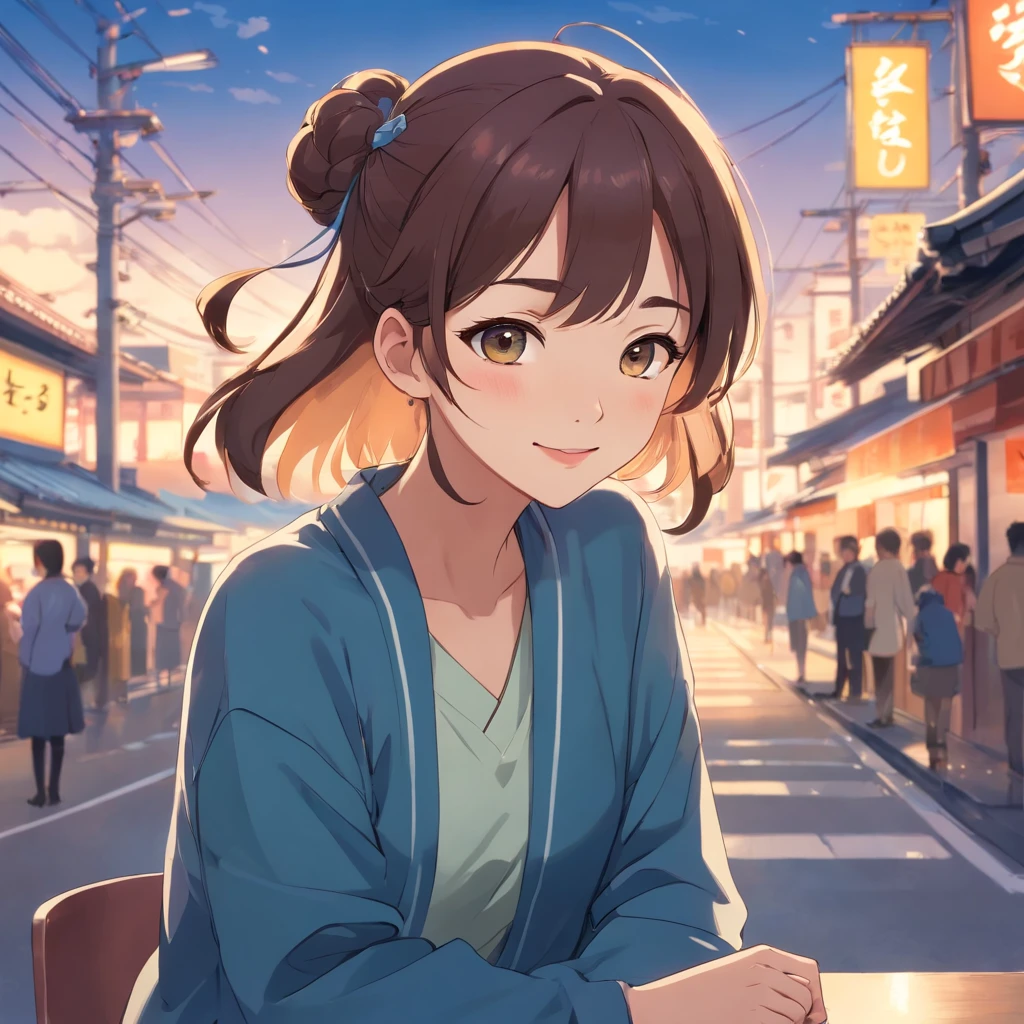 There was a woman sitting，Hair rolled into a bun, young cute wan asian face, Chica coreana, dilraba dilmurat, hermosas mujeres coreanas, Hermosa joven coreana, Chica linda cara fina, Young and charming Korean faces, Wan adorable cara coreana, Hermosa joven coreana, Xintong Chen, Asian girl with long hair，una sonrisa　Ojos grandes９0s Estilo Anime Retro