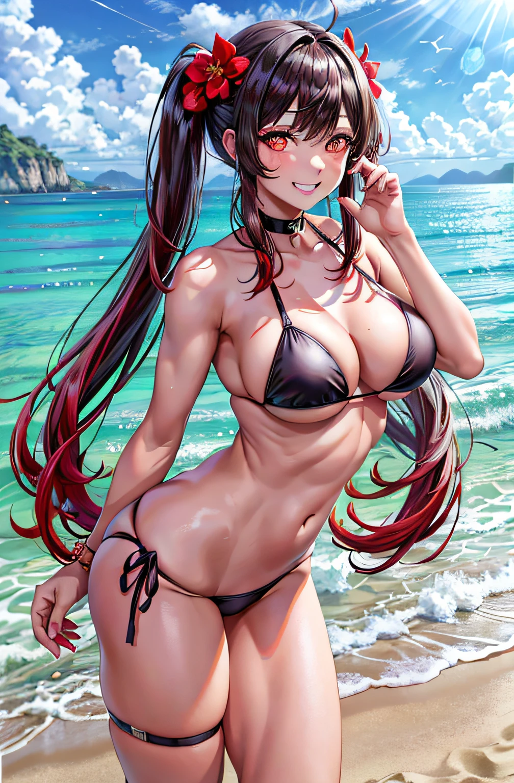 best quality, Ultra High Resolution, 1girl, small black bikini, black choker, ((sarcastic smile)), (happy), (long red brown hair:1), ((swollen eyes)), look at me, full body, Smile at me, red eyes, ((flower pupils)), beautiful, on the beach, standing, muscular belly, ((thick and muscular thighs)), (((showing me her big ass))), photo of full body