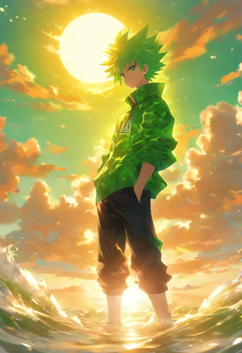 the man is standing cool, he has short green hair, he has bright green eyes, he is wearing a green jacket and shirt, he is wearing black trousers, he is wearing white sneakers, he is by the lake, the sky is clear with beautiful clouds, the sun is shining beautifully, very detailed, the sun is realistic, there is wind