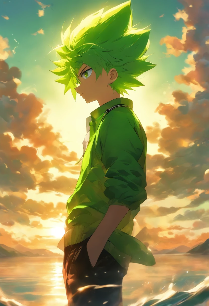 the man is standing cool, he has short green hair, he has bright green eyes, he is wearing a green jacket and shirt, he is wearing black trousers, he is wearing white sneakers, he is by the lake, the sky is clear with beautiful clouds, the sun is shining beautifully, very detailed, the sun is realistic, there is wind