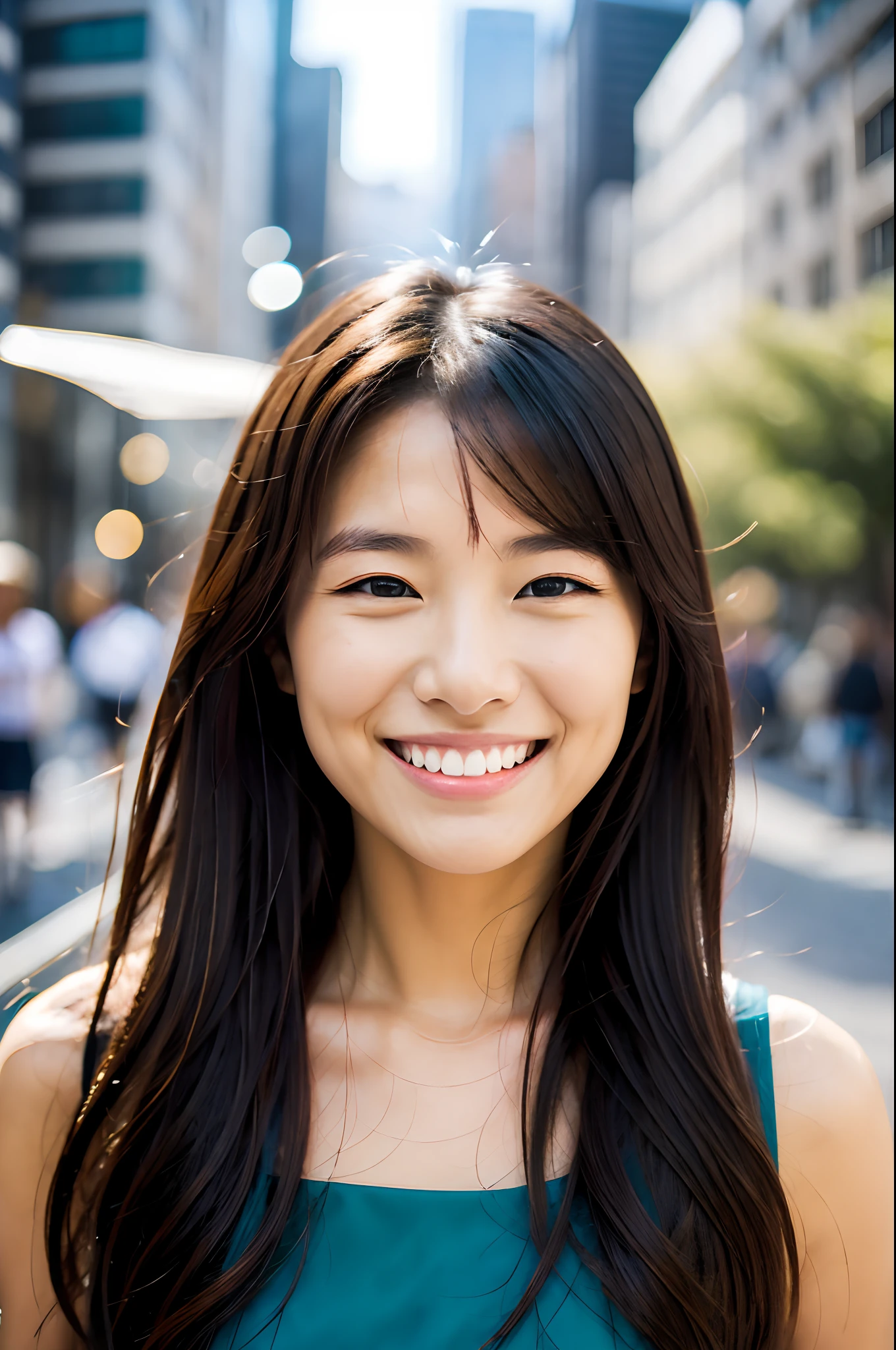 Beautiful woman wearing a camisole and smiling in the city