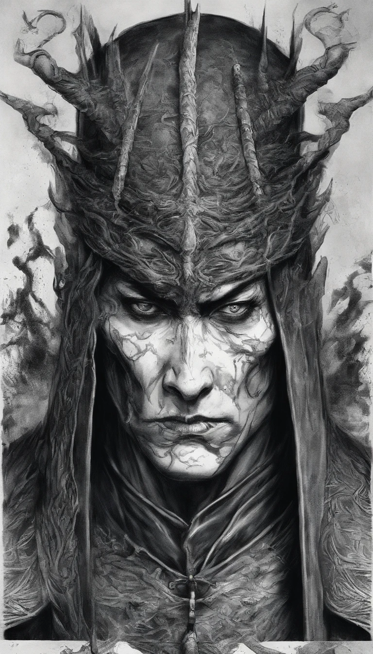 Middle-aged man, Punk drawing style, high-resolution, black color hair, Half is the body of a demon.,Half a demon's face, Chinese Warrior, Thin blue three-dimensional flame demon face, Bird, Wear a hat, Expressing anger, perfect body proportions, Kaftan, Black and white robes, Sheath hanging from his waist, handsome, The seven doppelganger has an unobstructed view, Stand on your feet, (whitebackground:1.3), Swordsman, He had a long, wide and heavy knife in his hand.。。。。。。。。。。。。。。。。。。。。, Lens face, (black clothes:0.8), highly detail, 巨作, ccurate, anatomically correct, textured skin