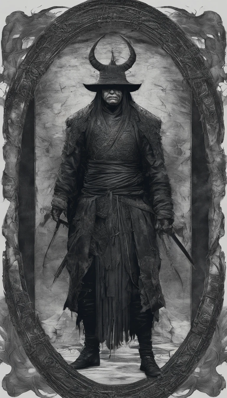 Middle-aged man, Punk drawing style, high-resolution, black color hair, Half is the body of a demon.,Half a demon's face, Chinese Warrior, Thin blue three-dimensional flame demon face, Bird, Wear a hat, Expressing anger, perfect body proportions, Kaftan, Black and white robes, Sheath hanging from his waist, handsome, The seven doppelganger has an unobstructed view, Stand on your feet, (whitebackground:1.3), Swordsman, He had a long, wide and heavy knife in his hand.。。。。。。。。。。。。。。。。。。。。, Lens face, (black clothes:0.8), highly detail, 巨作, ccurate, anatomically correct, textured skin