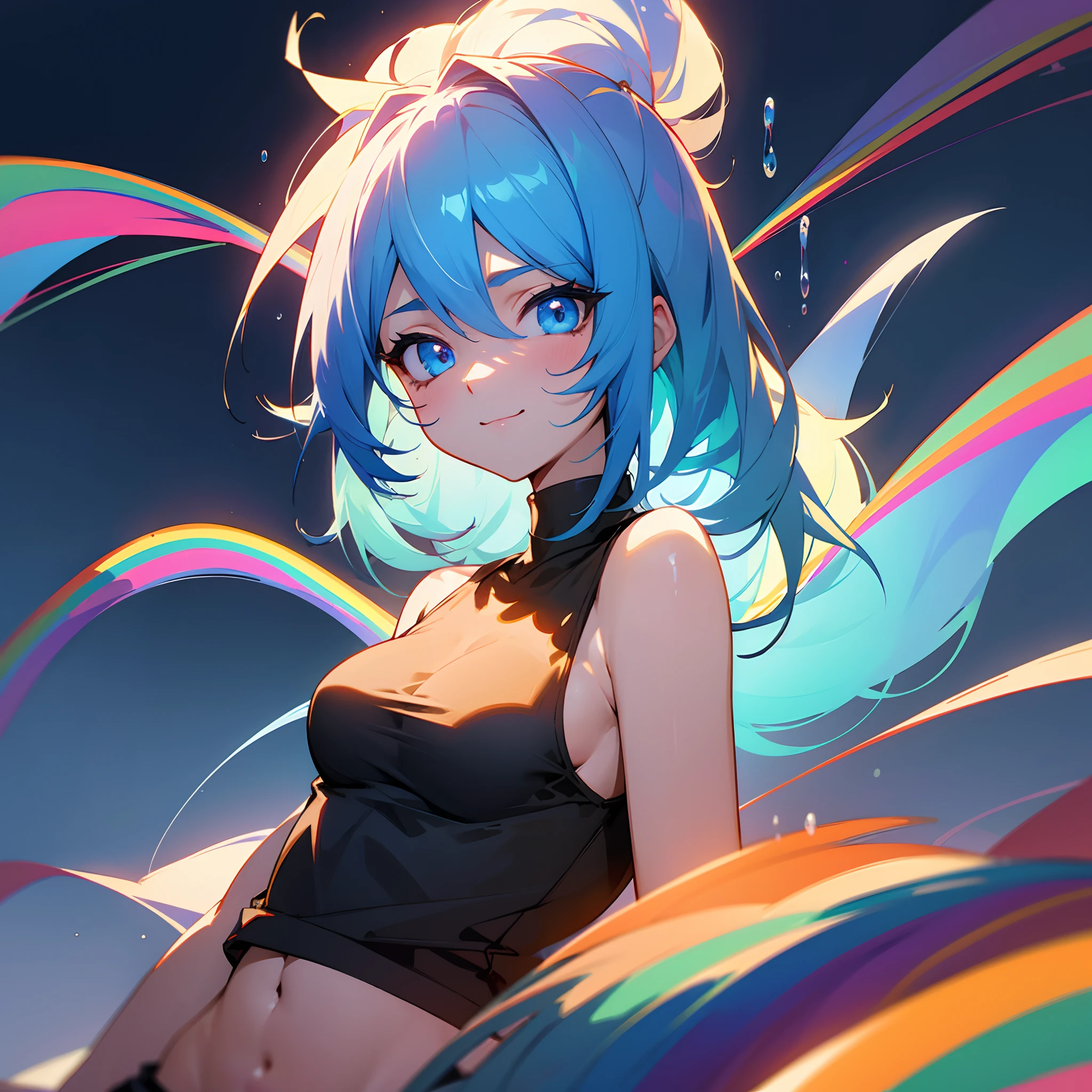Dark Magician Girl、MKSKS style、独奏、(highly detailed back ground:1.0)、(highly detailed back ground:1.0)、masterpiece、top-quality、超A high resolution、in 8K、BREAK、(Amber and light blue hair)、BREAK、Detailed clothing、Cute tank top、Detailed skin、glowy skin、A detailed eye、Blue eyes、looking in camera、Burning cheeks、Smile、Large breasts、BREAK、(Soap bubbles:1.2、rainbows)、Daytime、dynamic ungle