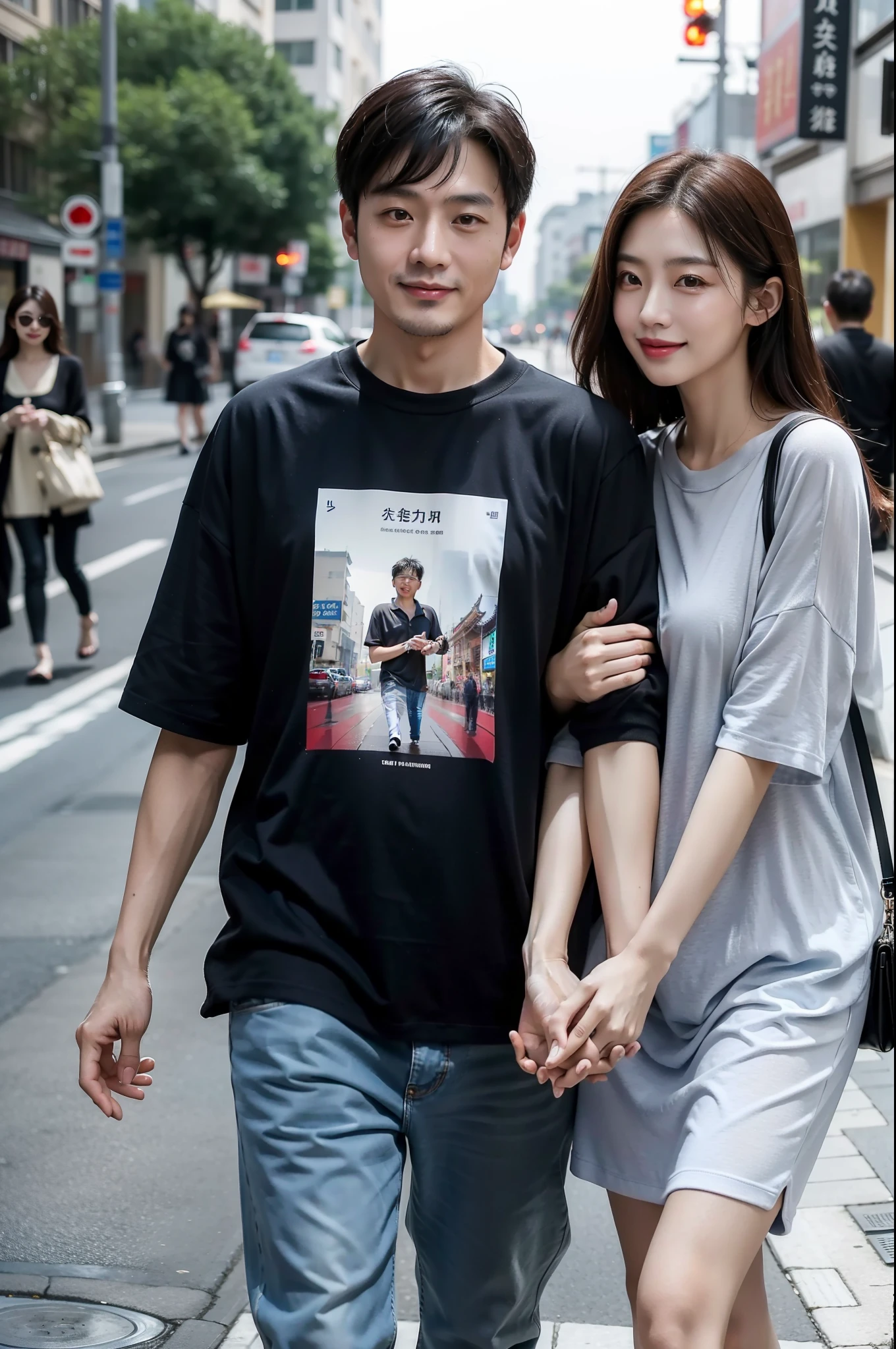 masterpiece, best quality, 2others, couple,A 42yo Chinese man with a 40 yo Chinese woman:1.5, mature, adult, Height difference, different fashion, different color, finely detailed eyes and detailed face, intricate details, casual clothes, oversized shirt, modern urban street, holding hands, smile, happy, love