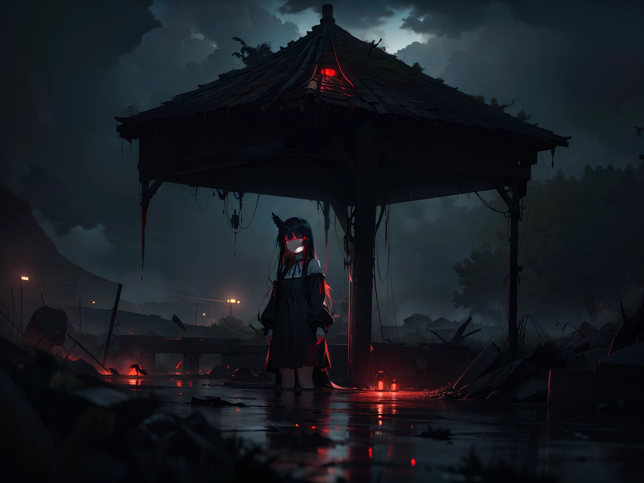 1 girl, cinematic angle, many crows ,cowboy shot, bloody body, blood sea, blood rain ,(((Expressionless))) , ((rape eyes)) ,black hair, long hair, ribbon , black dress, red eyes, (glowing eyes:1.1) , Weird World , Strange world ,darkness, horror, fantasy, Cruel , high resolution,(incredibly absurdres), (hires.fix:1.3),anime visual,ultra detailed CG unity 8k wallpaper, ((masterpiece)), ((top-quality)), (beautiful illustration), ((an extremely delicate and beautiful))