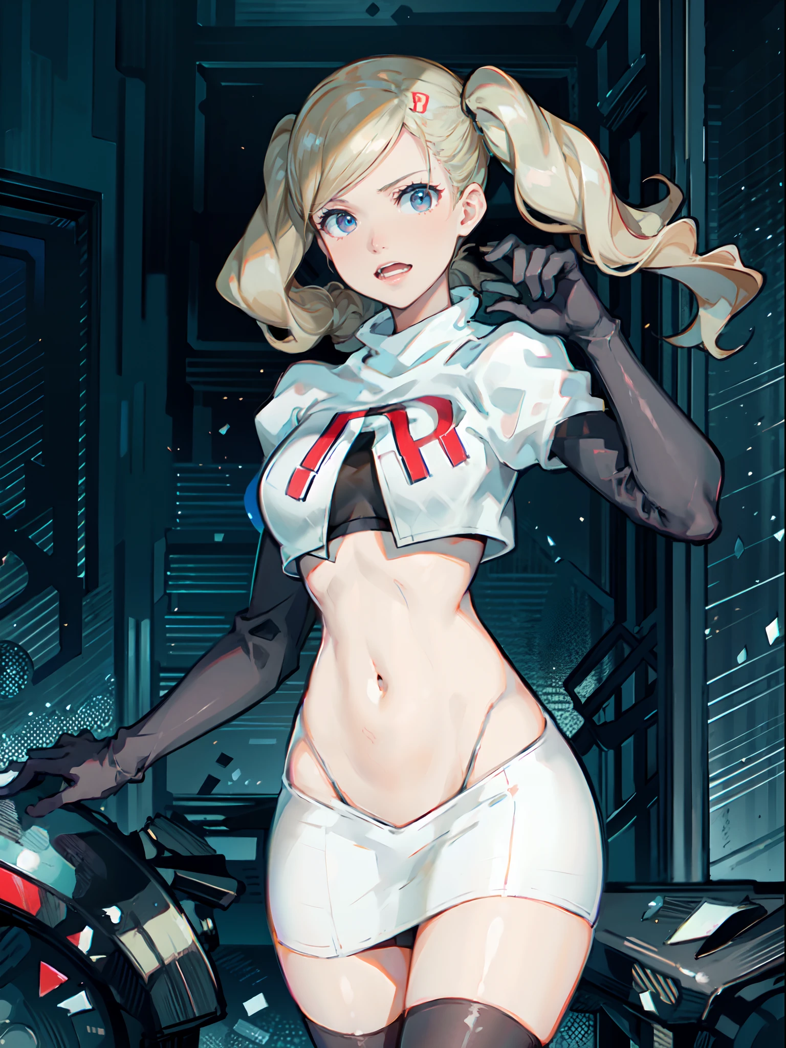 Ann Takamaki - Persona 5, 1girl,team rocket,team rocket uniform,white skirt,crop top,black thigh-highs,black elbow gloves,evil laugh