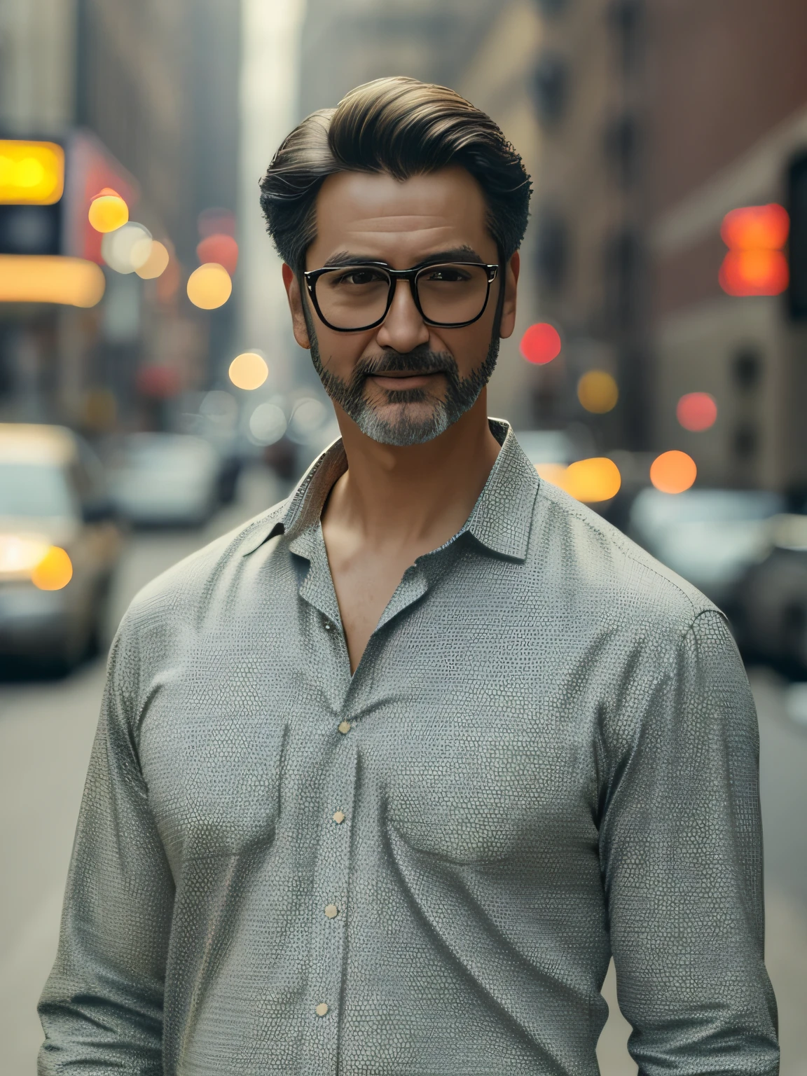 ((New York streets by day))、((realisitic、Photorealsitic:1.6))、(8k、RAW Photography、top-quality、masterpiece:1.2)、55-year-old Western man、eye glasses、Hollywood Actors、Good Looking Model、Beard、Short Wave Hair、Looking at Viewer、Red shirt with collar、refreshing、smil、bounce lighting, Sunnyday、((masterpiece)), ((intricate detailes)), cranny々Bright lighting up to、、dazzling、super hight luminosity, high level of brightness, Day time、Lighting the face、ighly detailed、filmg、Fuji Film、电影灯光