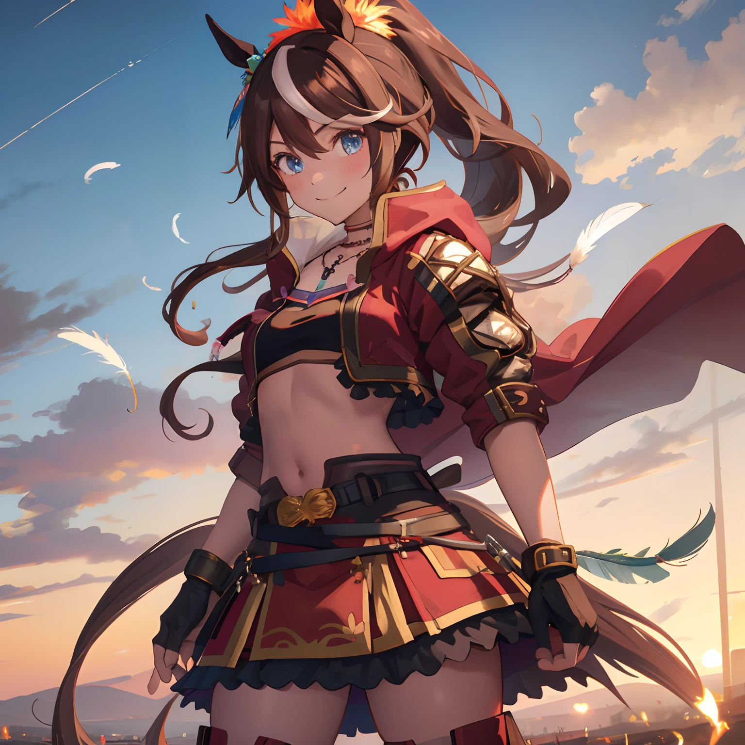 ((masterpiece, best quality)),1girl,Tokai Teio,Tokai Teio(horizon),horse ears,horse girl,brown hair,long hair,high ponytail,streaked_hair,multicolored_hair,blue eyes,jacket,cropped jacket,crop top,midriff,fingerless gloves,short sleeves,navel,skirt,belt,cape,jewelry,frills,hair ornament,hood down,necklace,thighhighs,boots,official_alternate_costume ,smile,victory pose,burning feathers, fire, dusk, sunset, outdoors,