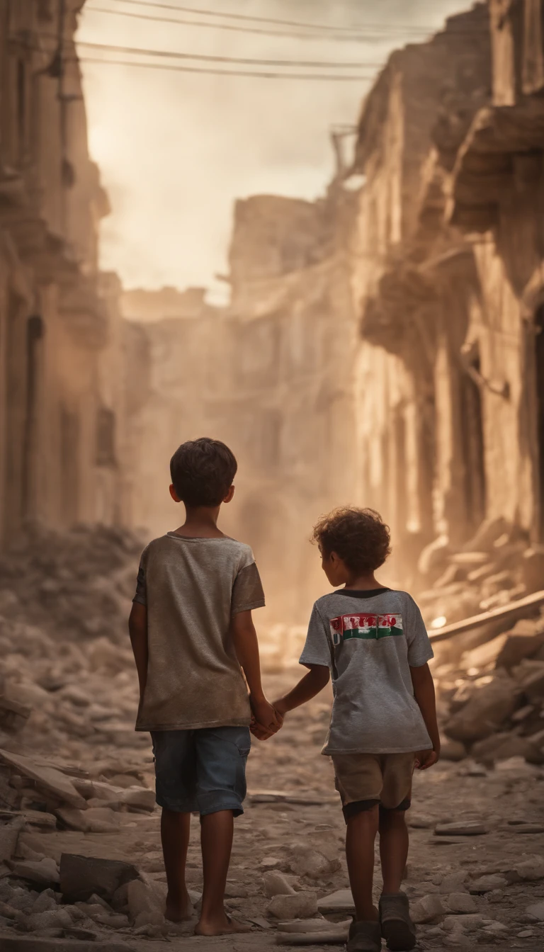 a young girl wearing torn t-shirt with flag of Palestine on shirt is helping a young boy wearing torn t-shirt with flag of Palestine on shirt; both are battered and sad; surrounded by rubble of bombed buildings and smoke and flames from war in the background. Realistic, painting; detailed environment, UHDR, HDR, HD, 8K, Ultra detailed, ultra realistic, photo, 3d render, poster, typography, cinematic