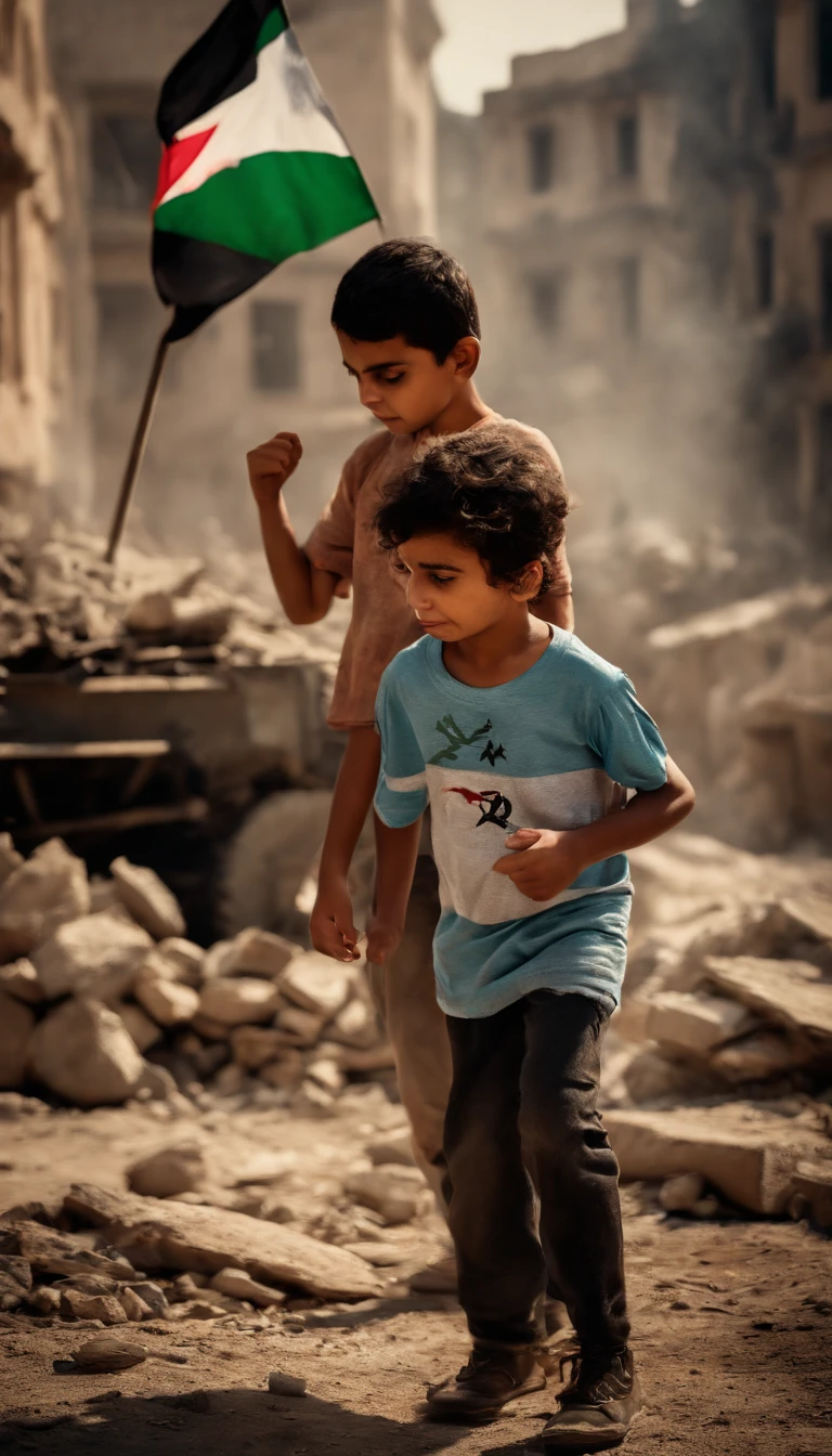 a young girl wearing torn t-shirt with flag of Palestine on shirt is helping a young boy wearing torn t-shirt with flag of Palestine on shirt; both are battered and sad; surrounded by rubble of bombed buildings and smoke and flames from war in the background. Realistic, painting; detailed environment, UHDR, HDR, HD, 8K, Ultra detailed, ultra realistic, photo, 3d render, poster, typography, cinematic