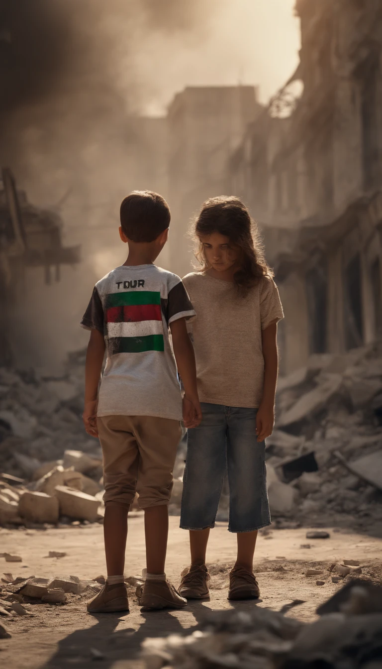 a young girl wearing torn t-shirt with flag of Palestine on shirt is helping a young boy wearing torn t-shirt with flag of Palestine on shirt; both are battered and sad; surrounded by rubble of bombed buildings and smoke and flames from war in the background. Realistic, painting; detailed environment, UHDR, HDR, HD, 8K, Ultra detailed, ultra realistic, photo, 3d render, poster, typography, cinematic