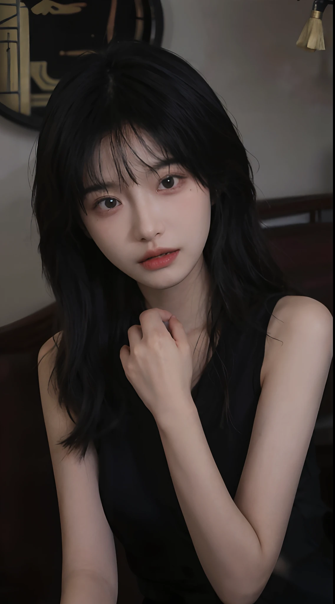 best qualtiy，tmasterpiece，超高分辨率，（realisticlying：1.4），a close up of a woman with long black hair wearing a black dress, Cai Xukun, gorgeous chinese models, Gorgeous young Korean woman, beautiful Korean women, yanjun cheng,  xintong chen, ruan jia beautiful!, Beautiful young Korean woman,