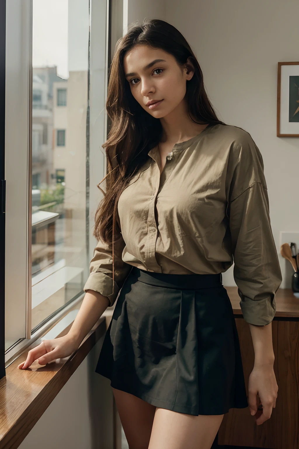 Solo, One woman of about 20 years old, black long hair, Close-up portrait, Hazel eyes, wearing solid khaki green oversized shirt, wearing short black skirt, standing near window, holding coffee in her hand, looking outside window, side pose, calm mood, sexy, mature woman, body measurement 36-25-36, height 5'7", soft lighting, morning scene, RAW Photography, 8k, , Masterpiece, Full Body Shooting, Top Quality, Fine Pore, Realistic, Photorealistic, Ultra Detailed