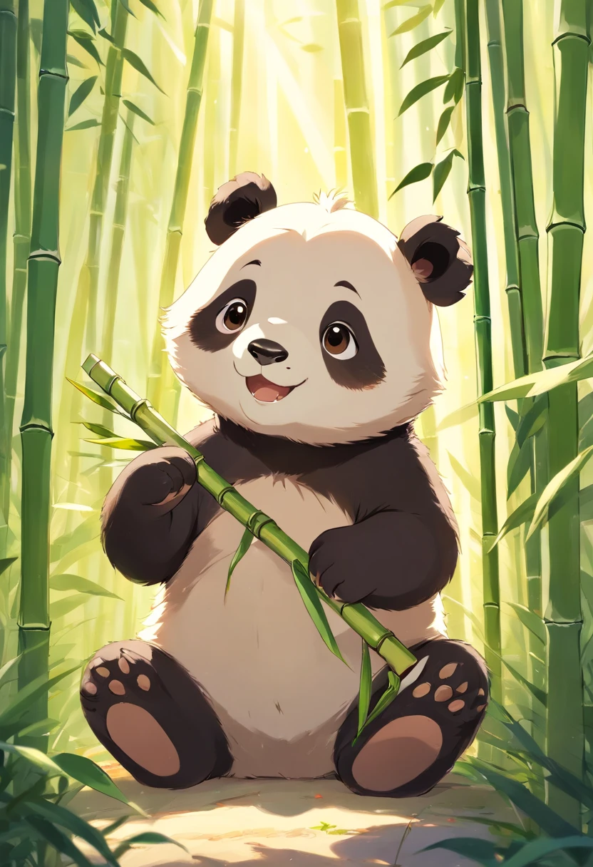 A cute furry panda cub sits in a sunny bamboo glade, Holding a piece of bamboo shoots in his hand,Smiling towards the camera,Warm light filters through the leaves,Detailed fur texture, Peaceful and natural mood, Gentle lighting. Traditional watercolor style. --AR 4:5 --s 400 --niji 5