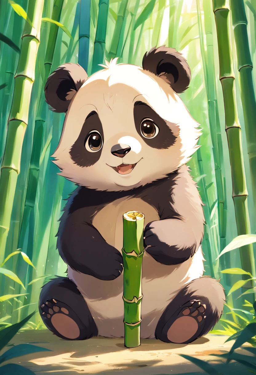 A cute furry panda cub sits in a sunny bamboo glade, Holding a piece of bamboo shoots in his hand,Smiling towards the camera,Warm light filters through the leaves,Detailed fur texture, Peaceful and natural mood, Gentle lighting. Traditional watercolor style. --AR 4:5 --s 400 --niji 5