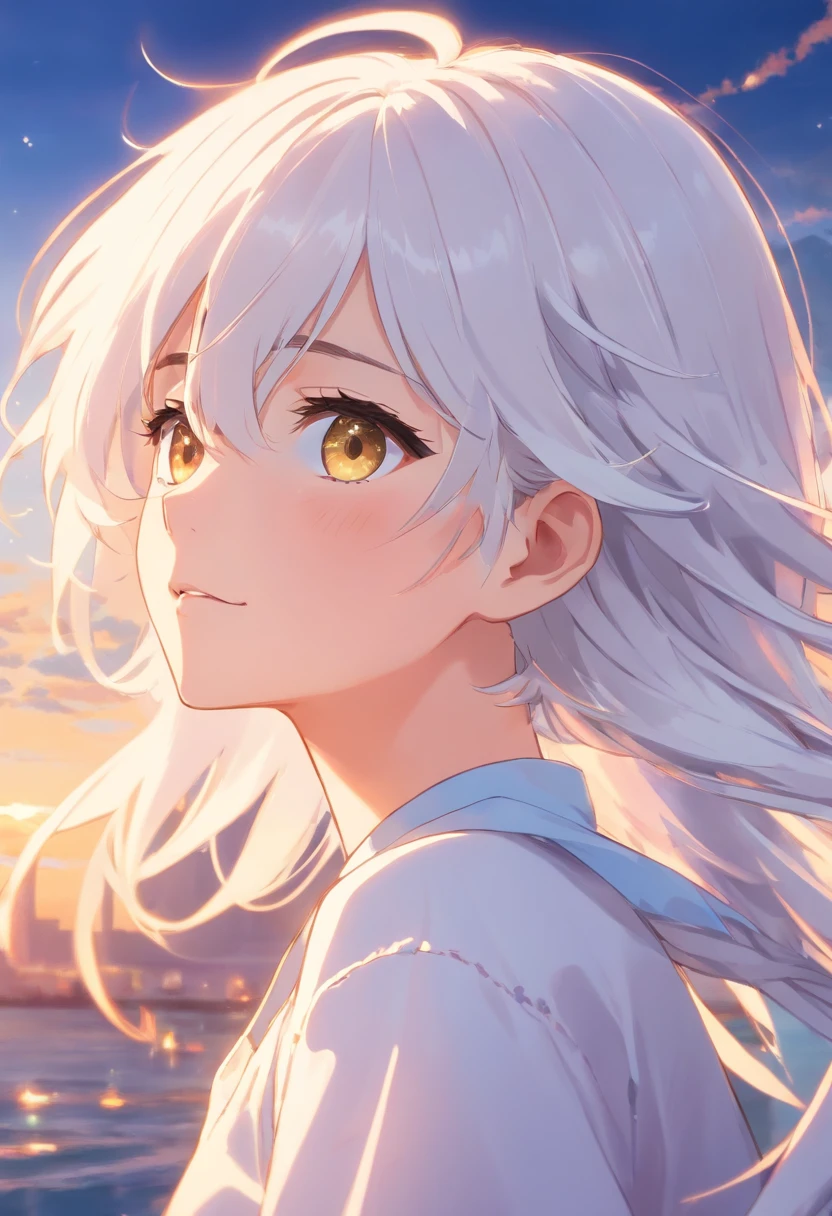 best quality, masterpiece,white hair, gold eyes,white clothes, looking up, upper body,hair strand,Fair skin,side braids
