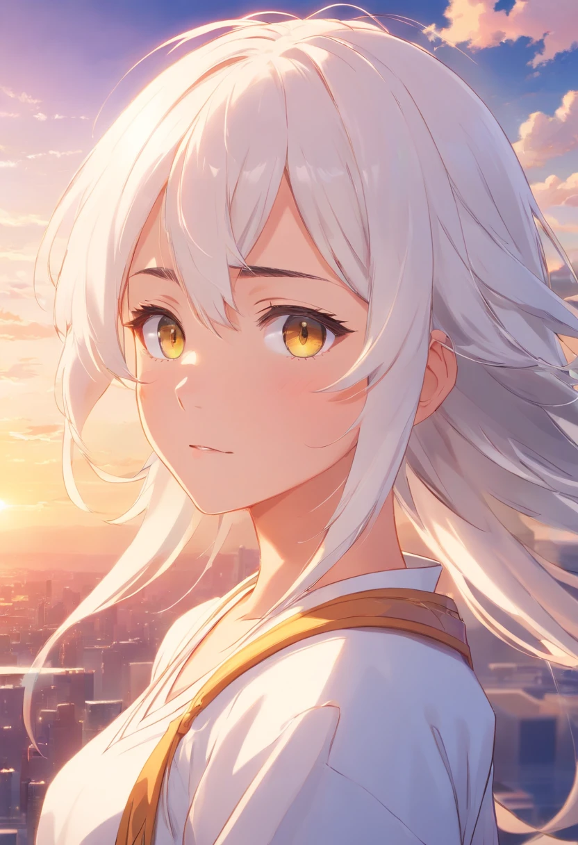 best quality, masterpiece,white hair, gold eyes,white clothes, looking up, upper body,hair strand,Fair skin,side braids