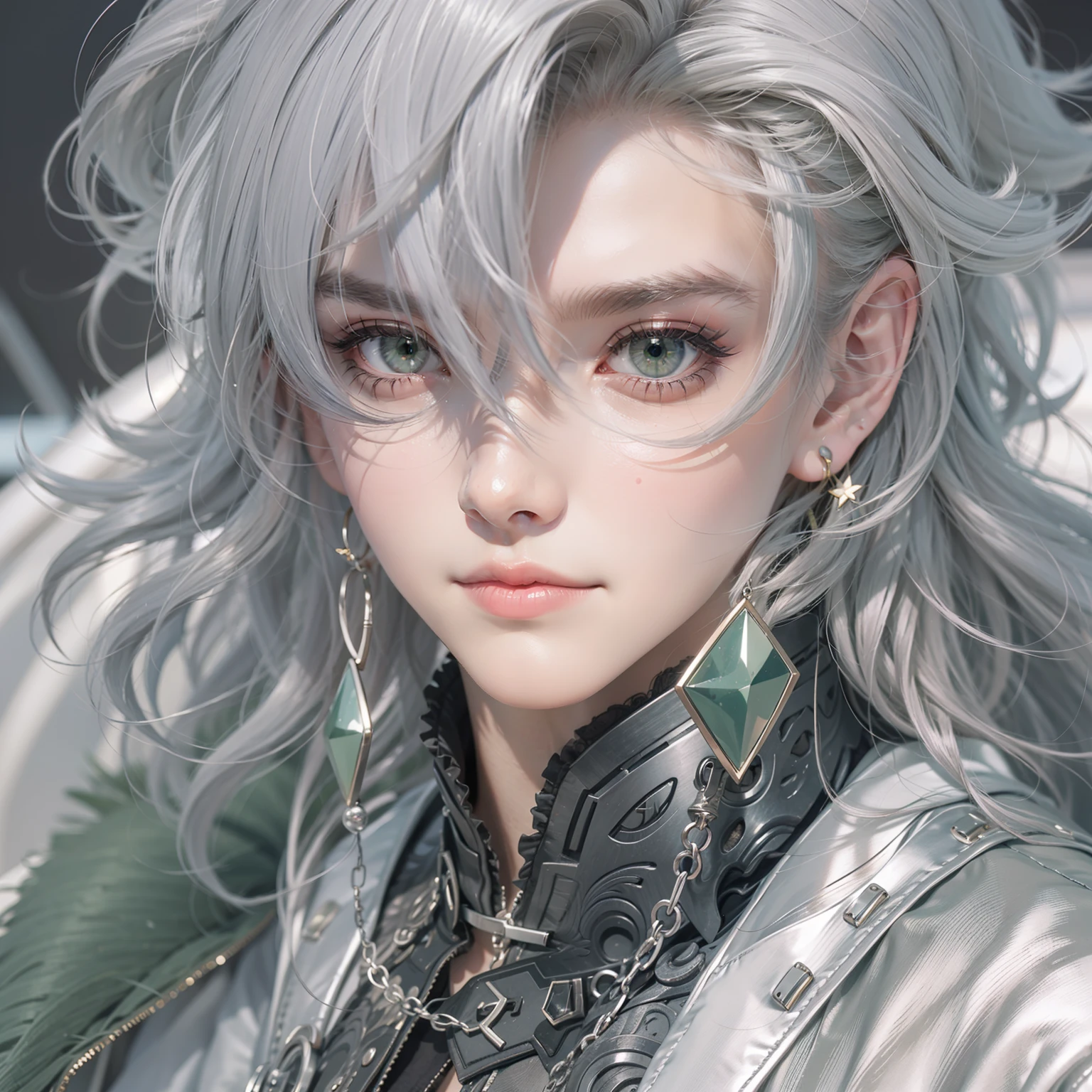 1   boy，cool guy，Medium-long gray hair，Costume，Green eyes，Silver earrings，A half body，looking in front