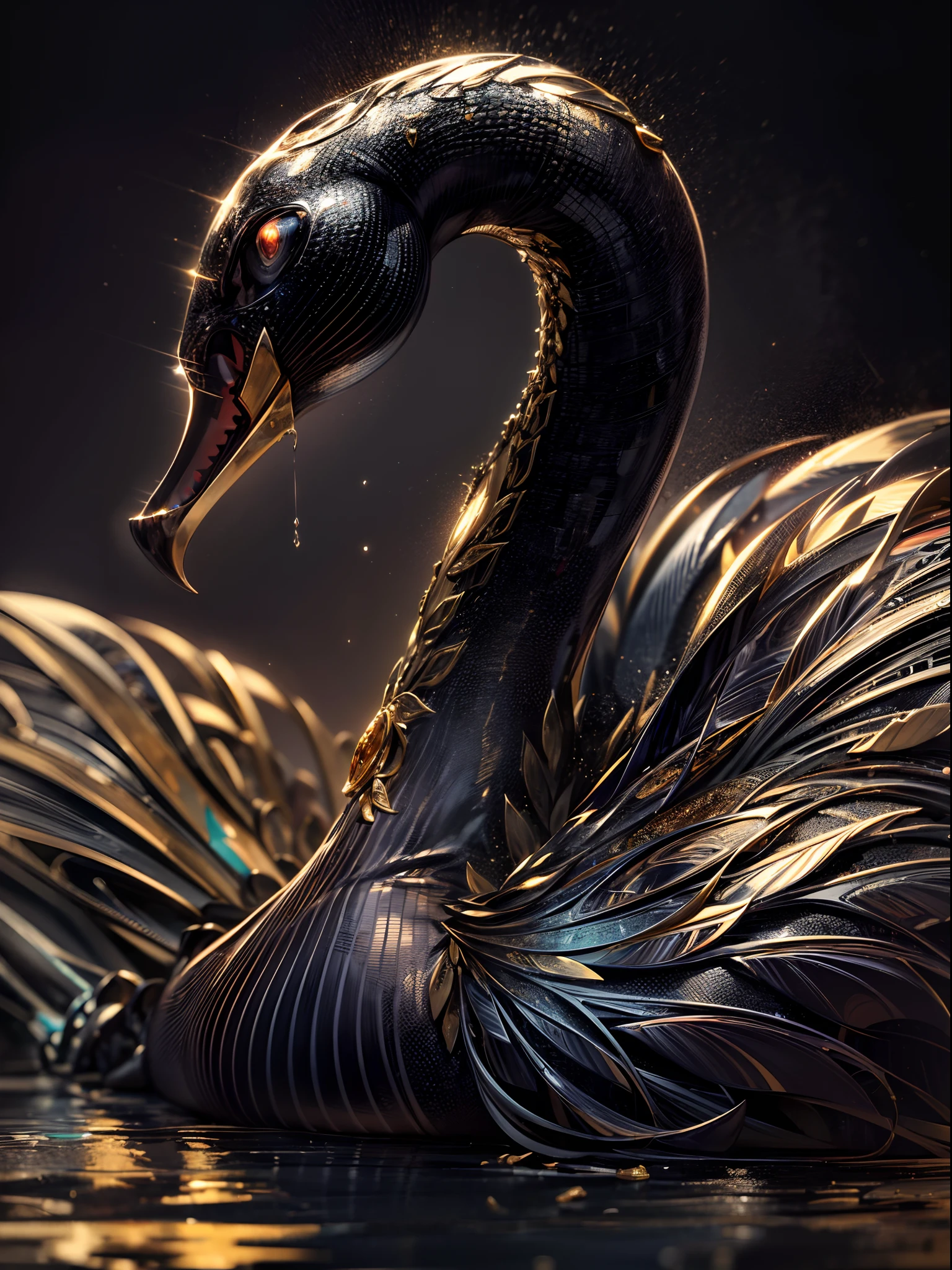 (best quality,4k,8k,highres,masterpiece:1.2),ultra-detailed,realistic:1.37,liquid metal,black swan with slender neck,metallic black,golden edges,elegant,shimmering surface,mysterious atmosphere,graceful movements,dark background,contrast between dark and light,glowing eyes,dynamic pose,realistic feathers,reflections and highlights on metal surface,stunning artwork,unique and mesmerizing,artistic beauty,sophisticated color palette,lustrous gold accents,dramatic lighting,subtle shadows,exquisite craftsmanship,sensational visual impact,fluid and graceful composition,perfect balance between darkness and brightness