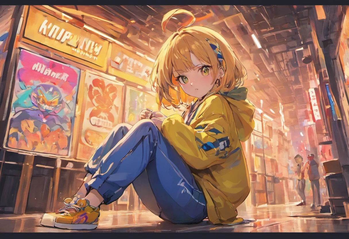 Street culture,scribble art,The walls are sprayed with colorful patterns,A girl crouches in front of the camera,Cool expression,Wearing a yellow sweatshirt,style of anime,Extreme color,extreme hight detail,Master art
