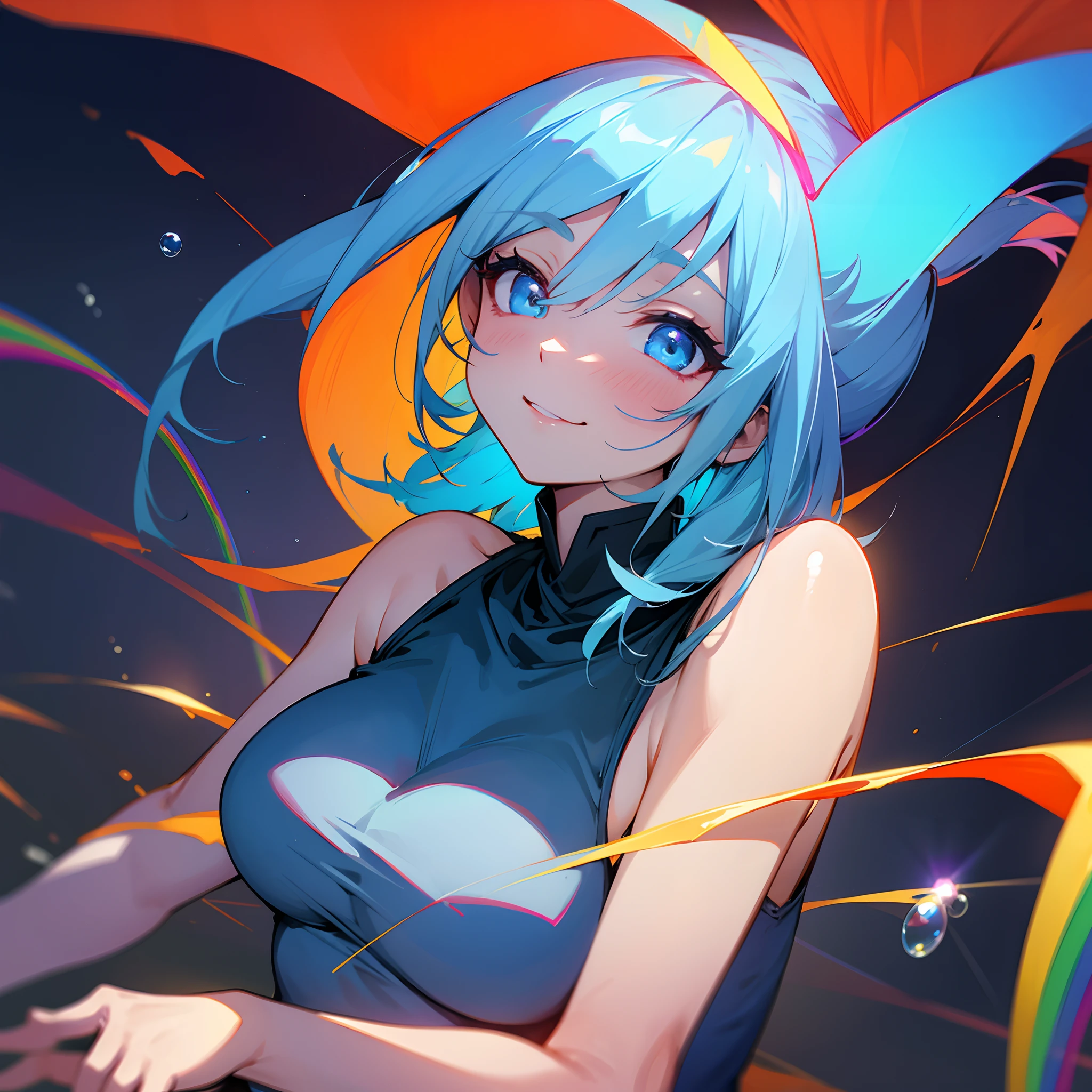 a close up of a woman with colorful hair and a necklace, anime girl with cosmic hair, rossdraws pastel vibrant, artwork in the style of guweiz, fantasy art style, colorful]”, vibrant fantasy style, rossdraws cartoon vibrant, cosmic and colorful, guweiz, colorfull digital fantasy art, stunning art style, beautiful anime style, exhibitionism,  navel, , public indecency, looking at viewer, 1girl, collarbone, flashing, , naked coat, outdoors, open coat, thighhighs, public nudity, open mouth, coat, short hair, medium breasts, black thighhighs, open clothes, black hair, solo, smile, , blush, sanpaku,