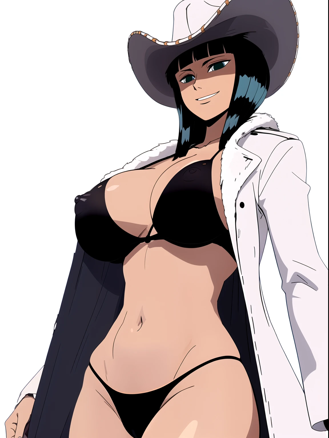 1girl,solo,nico robin, cowboy shot, hat,white coat,shy,smile,nsfw,large breasts,black negligee, black lingerie,kind