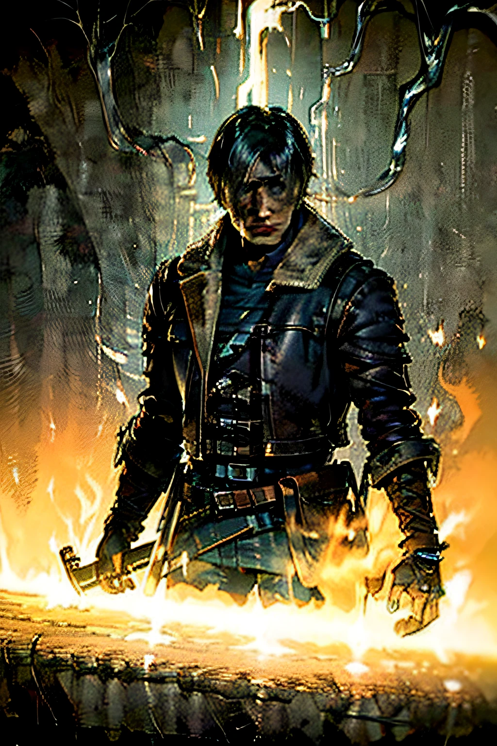 1boy, cowboy shot of re4leon, leather jacket with fur trim, long sleeves, black jeans, volumetric lighting, athletic, best quality, masterpiece, intricate details, tonemapping, sharp focus, hyper detailed, trending on Artstation, looking at viewer, realistic