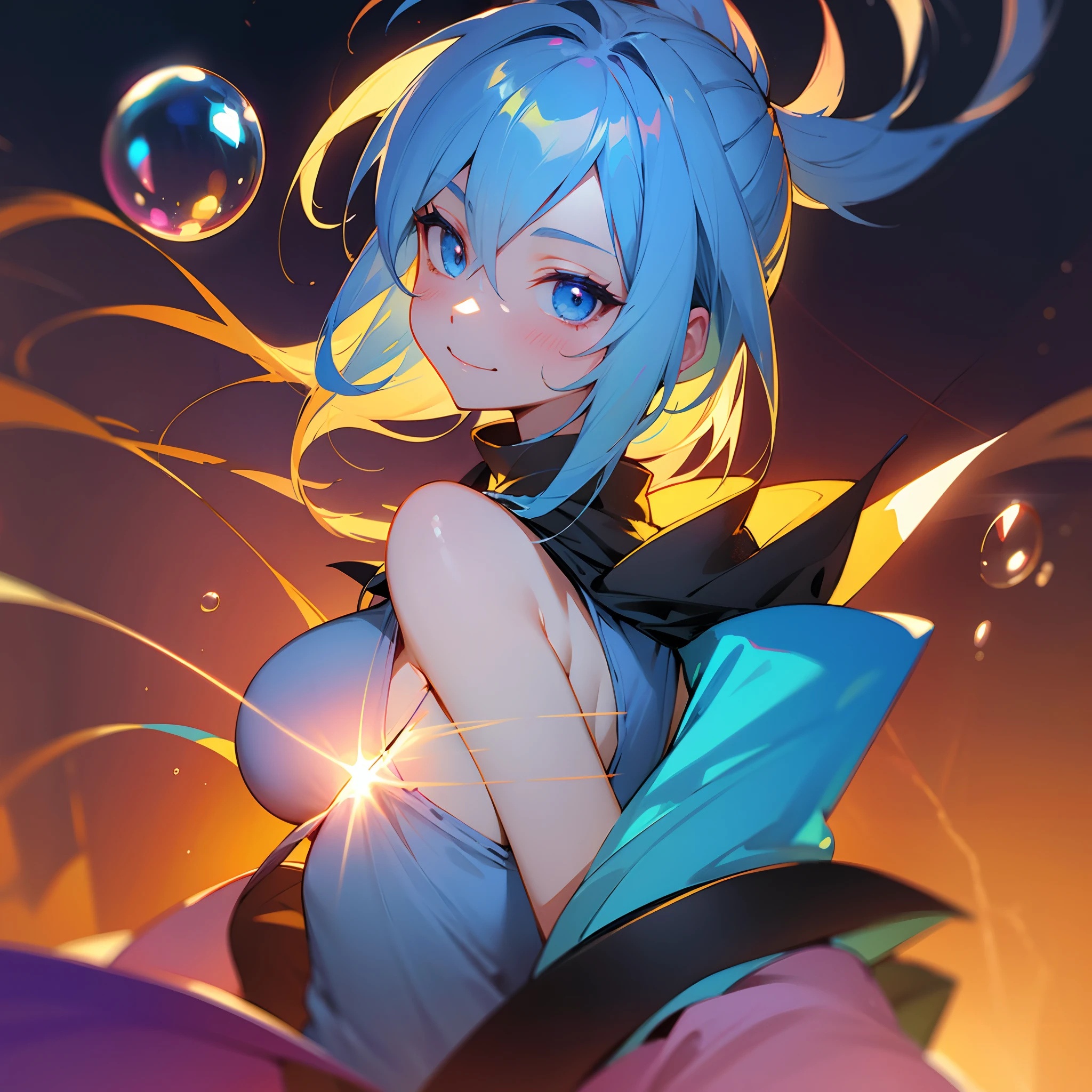 Dark Magician Girl、MKSKS style、独奏、(highly detailed back ground:1.0)、(highly detailed back ground:1.0)、masterpiece、top-quality、超A high resolution、in 8K、BREAK、(Amber and light blue hair)、BREAK、Detailed clothing、Pale red tank top、Detailed skin、glowy skin、A detailed eye、Blue eyes、looking in camera、Burning cheeks、Smile、Large breasts、BREAK、(Soap bubbles:1.2、rainbows)、Daytime、dynamic ungle