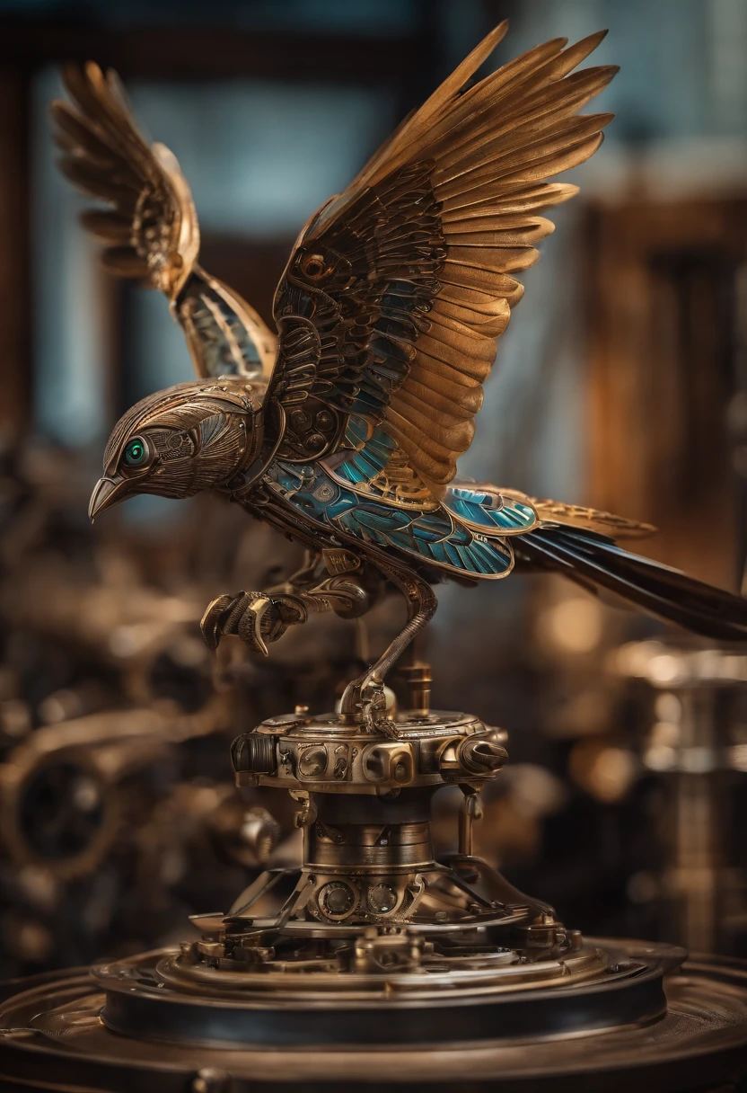 A mechanical bird，Metal wings，Mechanical gears
