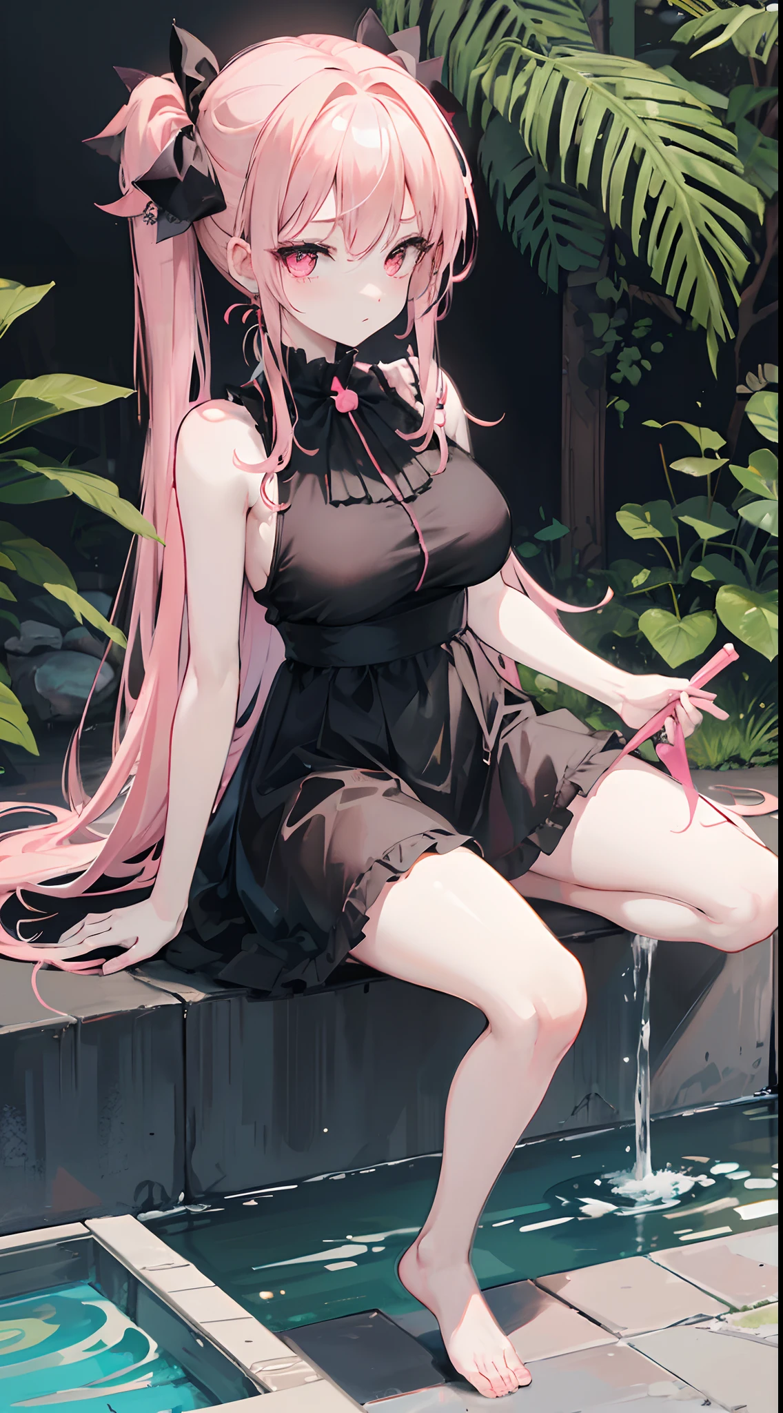 Pale pink double ponytail，Tsundere，Big breasts loli，Orange-pink eyes，Black thin slip dress，Black bow hairpin，Sit next to the fountain，Holding a round doll in his hand，One leg is on the other，Two hairs upturned，Barefoot，Bandages wrapped around the legs