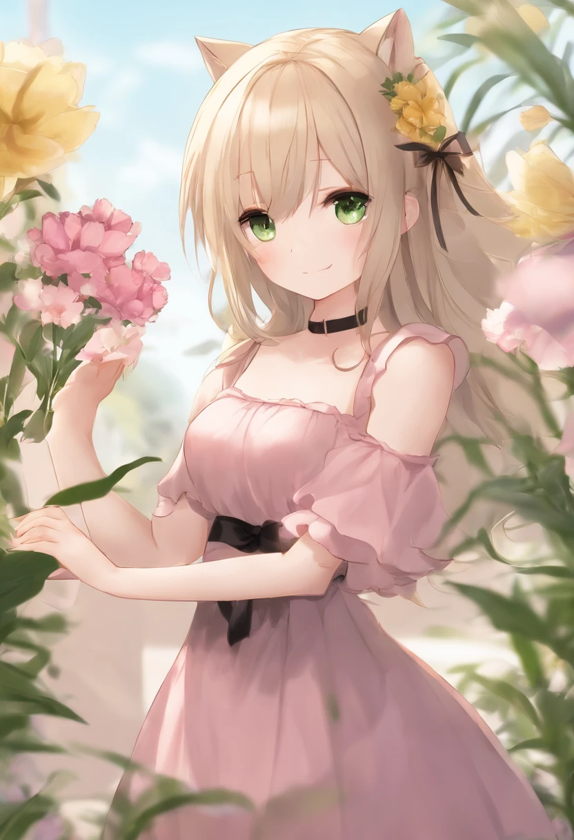 1girll, :D, sanimal ear fluff, Animal ears, bangs, black hair band, Blonde hair, Blurry, The background is blurred out, Depth of field, dress, flower, flower pots, frill dress, frilld, Green dress, Green eyes, shairband, Holding, Long hair, Open mouth, pink flower, plant, potted plant, Sketch, Sleeveless, Sleeveless dress, Smile, Solo, Tail, Wrist cuffs, yellowflower,