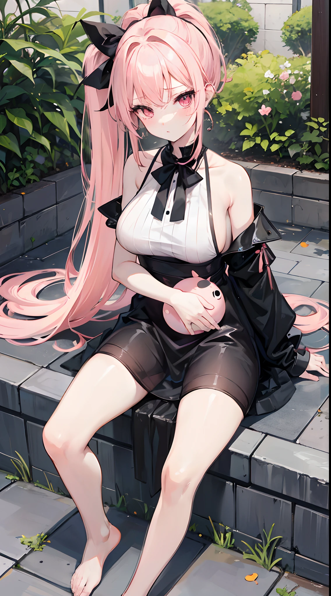 Pale pink double ponytail,Tsundere,Big breasts ,Orange-pink eyes,Black thin slip dress,Black bow hairpin,Sit next to the fountain,Holding a round doll in his hand,One leg is on the other,Two hairs upturned,Barefoot,Bandages wrapped around the legs