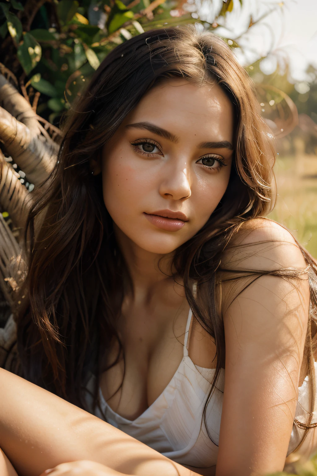 A Pixar 3D representation of an elegant young female model, her long hair flowing naturally, realistic skin and intricate facial details, capturing a sense of desire in her eyes as she reclines on grass during a golden hour sunset, reminiscent of Pixar's attention to detail and realism, with a warm, inviting color palette and a touch of magic in the atmosphere --v 5 --stylize 1000