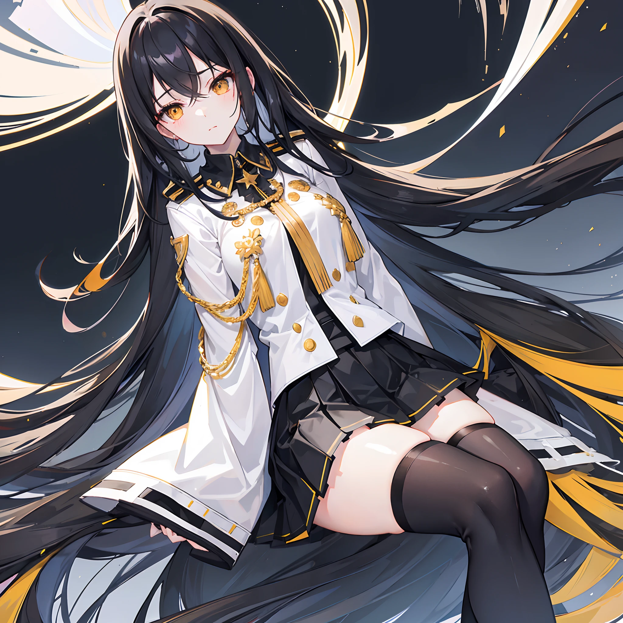 Long black hair that reaches the waist,The hair curtain is messy,Golden eyes,Hair scattered behind him and on his chest,White lining,Large black coat,Company uniforms,black short skirt,The short skirt is short,Black over-the-knee stockings,A faint smile,chiquita