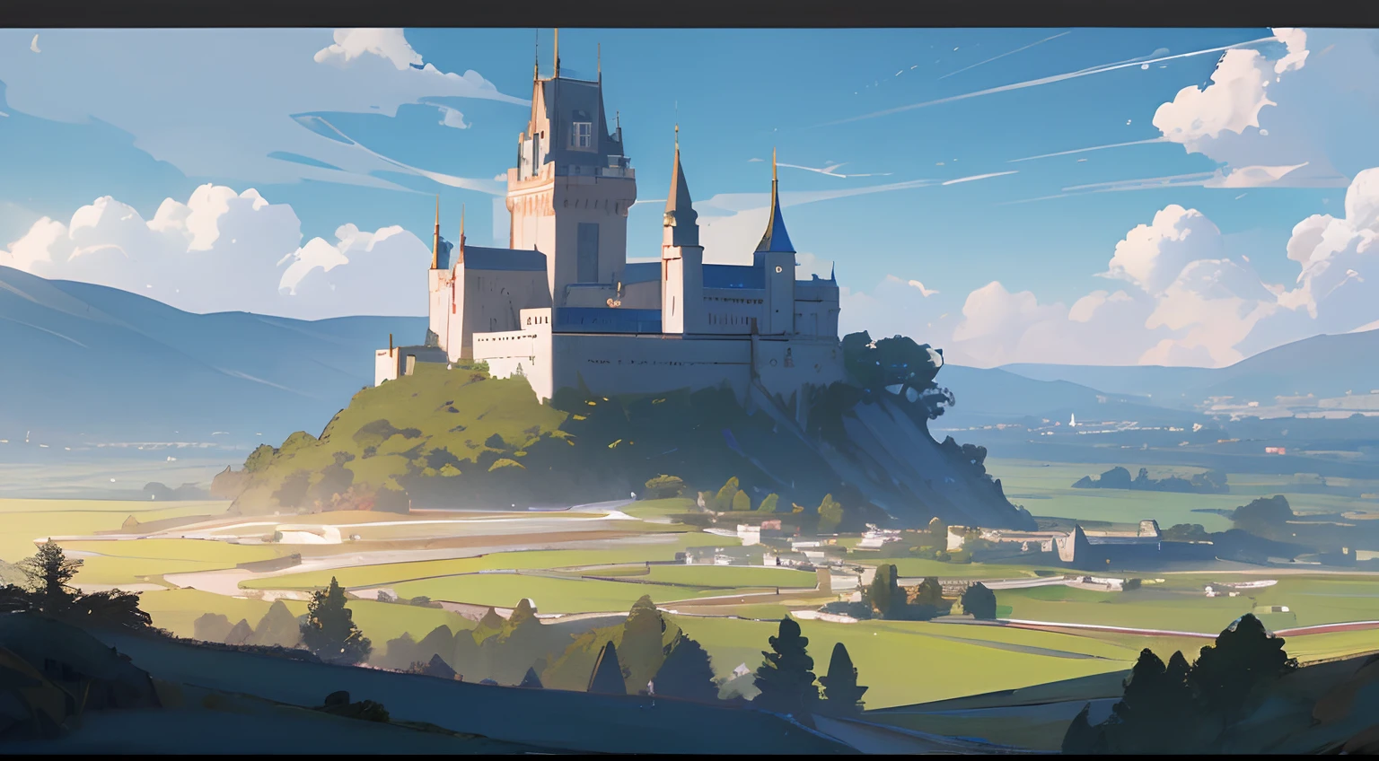 Beautiful fantasy landscape with castle in the distance made of white stone and gold, Knights' Halls, Statues at the castle, Huge swords, elvish, Lake, Splendid clouds, White marble, rays of sunshine, ambient, Wide spaciousness, Hills, Digital Art, landscape, Fantasy art, illustartion, trending artstation, Digital Art, epic lighting, Genshin Impact, Call of Antia, Casual style