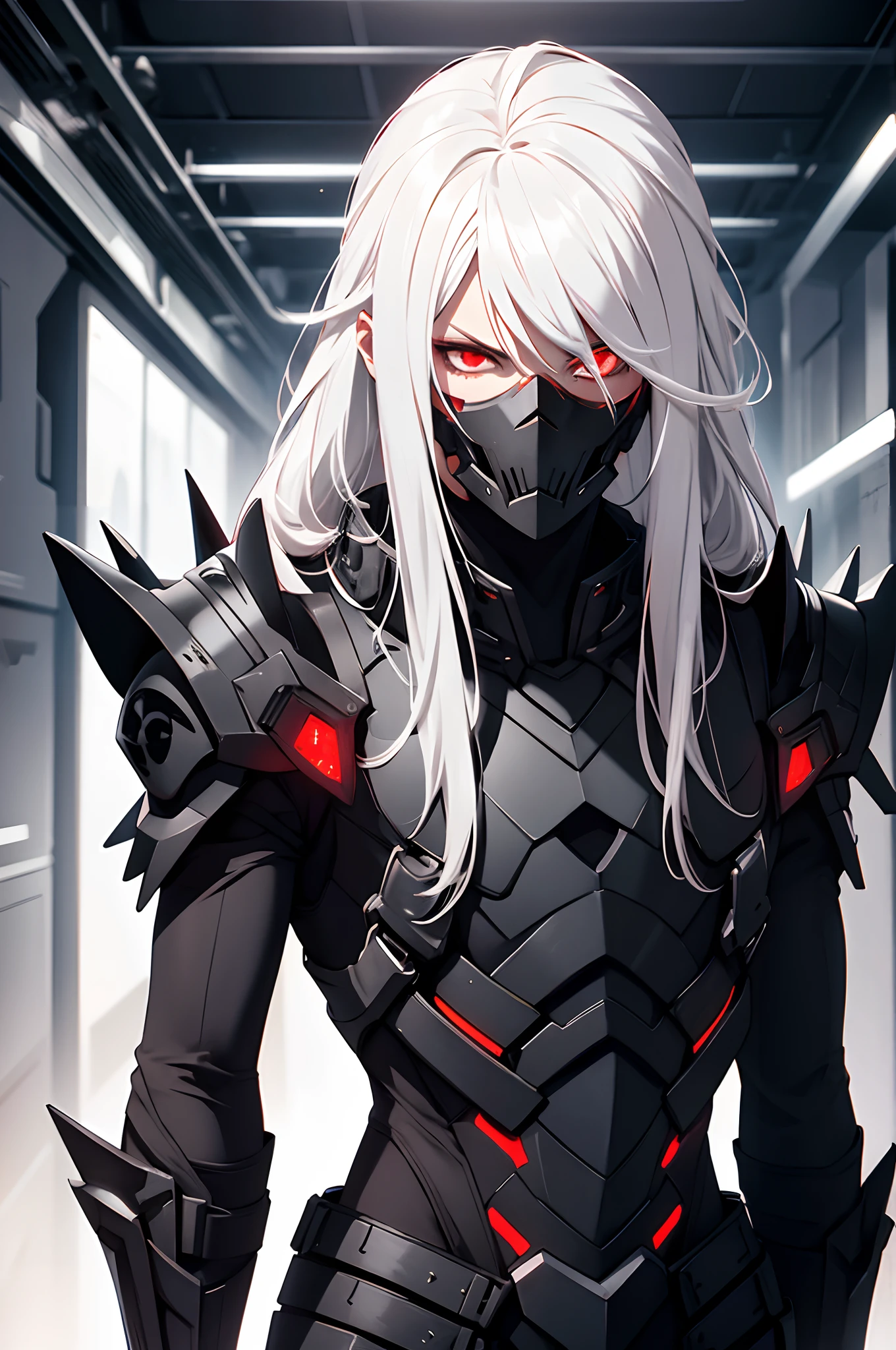 solo male, black armor, skull helmet, red eyes, white hair, long hair, covered face, spikes, slim, science fiction