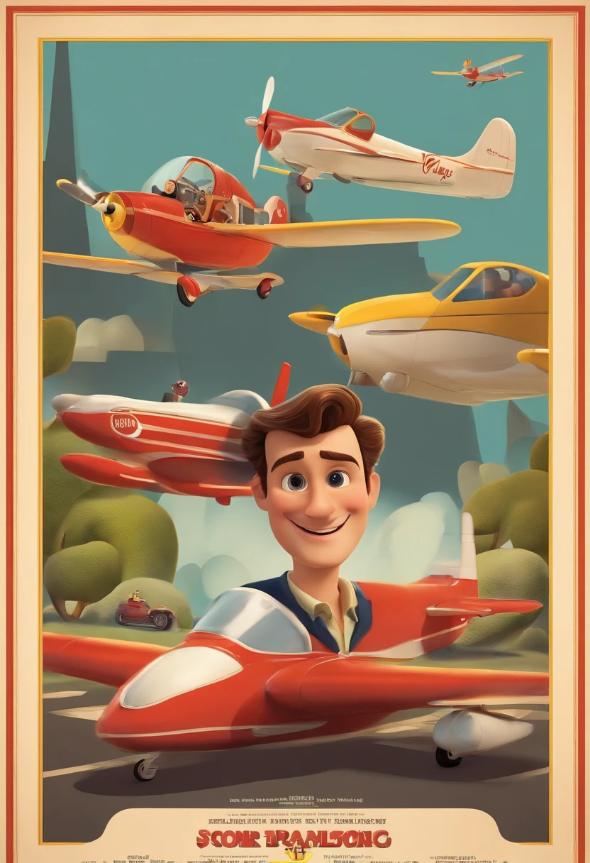 Poster for the film inspired by Disney Pixar with the title "(YOUR TITLE)". A brown-haired man in love with a handsome, big-nosed Italian salesman in a radio-controlled mini plane store. The scene should follow Pixar's distinctive digital art style, focusing on the characters' expressions, vibrant colors and detailed textures characteristic of their animations, with the title "(YOUR TITLE)"
