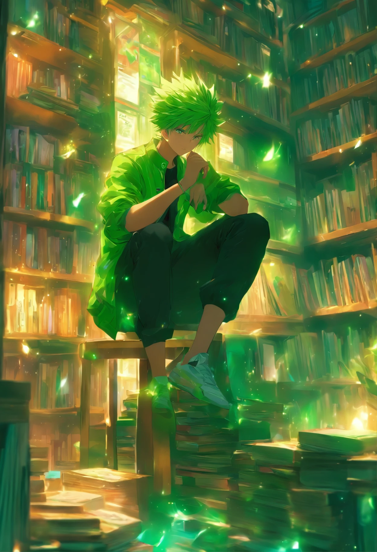 The man is sitting on a chair coolly, he has short green hair, he has bright green eyes, he is wearing a green jacket and shirt, he is wearing black trousers, he is wearing white sneakers, he was in a room, there were lots of bookshelves, led lights, sunlight radiating, very realistic, very detailed