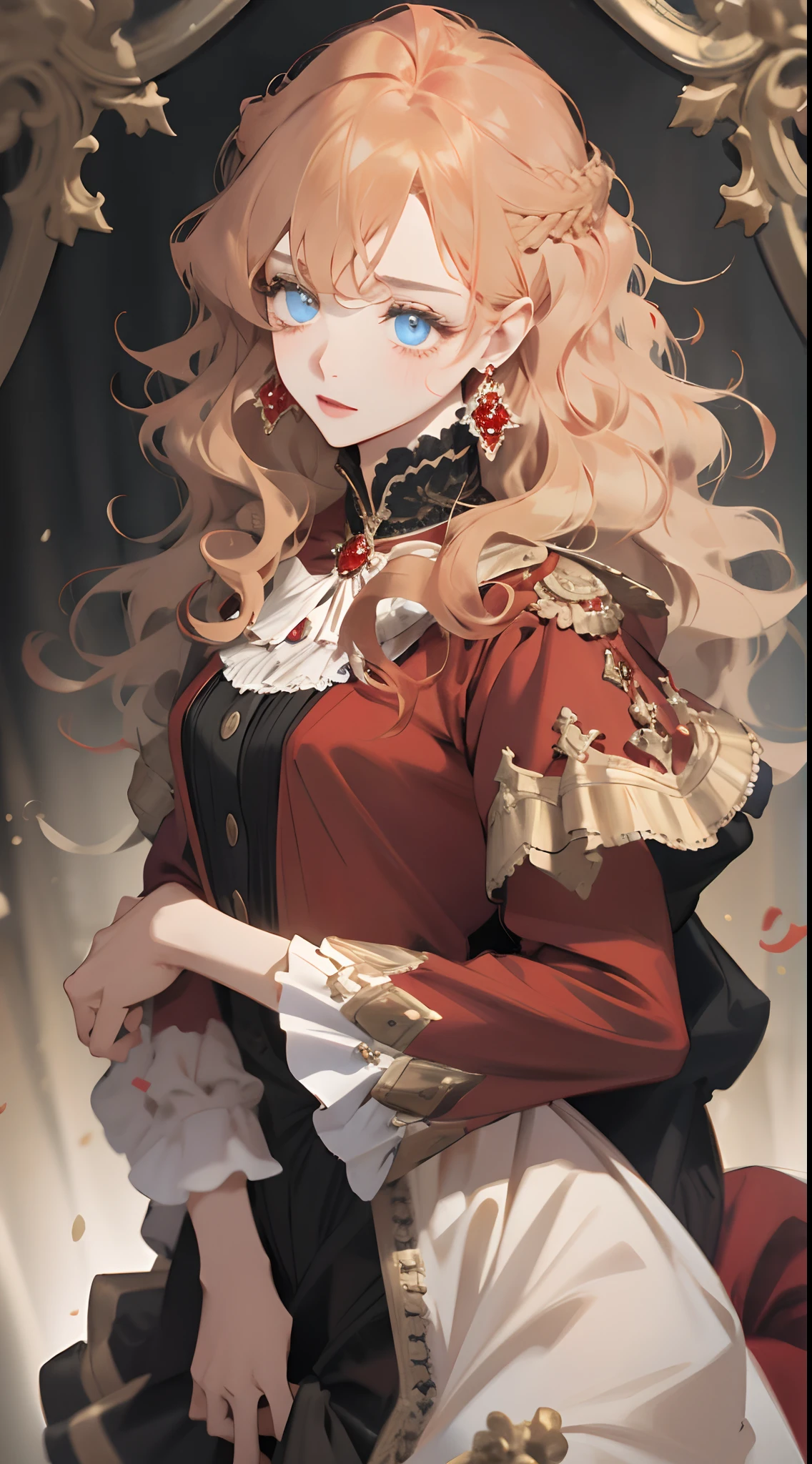 one-girl，Vivid eyes，golden hair，Wavy curly hair，Red pop dress，conservativelydressed，Red earrings，beautiful hair ornaments，𝓡𝓸𝓶𝓪𝓷𝓽𝓲𝓬，ellegance，年轻，Pop，Hyper-Resolution，accuracy，detail render，（Delicate facial portrayal）（Fine hair portrayal）（highest  quality）（Master masterpieces）（High degree of completion）（a sense of atmosphere）tmasterpiece，ultra - detailed（half-body portrait）