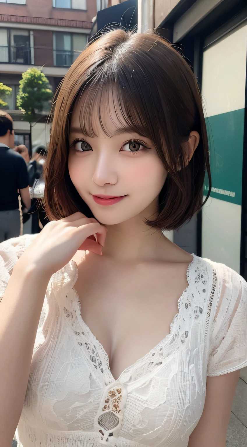 incredibly absurd, beautiful and cute 20-year-old Korean girl with a photorealistic face, showcasing top-quality craftsmanship. Her slender frame adorned with short, messy hair. The artwork high-resolution, allowing for ultra-detailed features to be captured flawlessly. The focus lies on the realistic pupils, showcasing depth and emotion. ((breasts out)) cute smile.