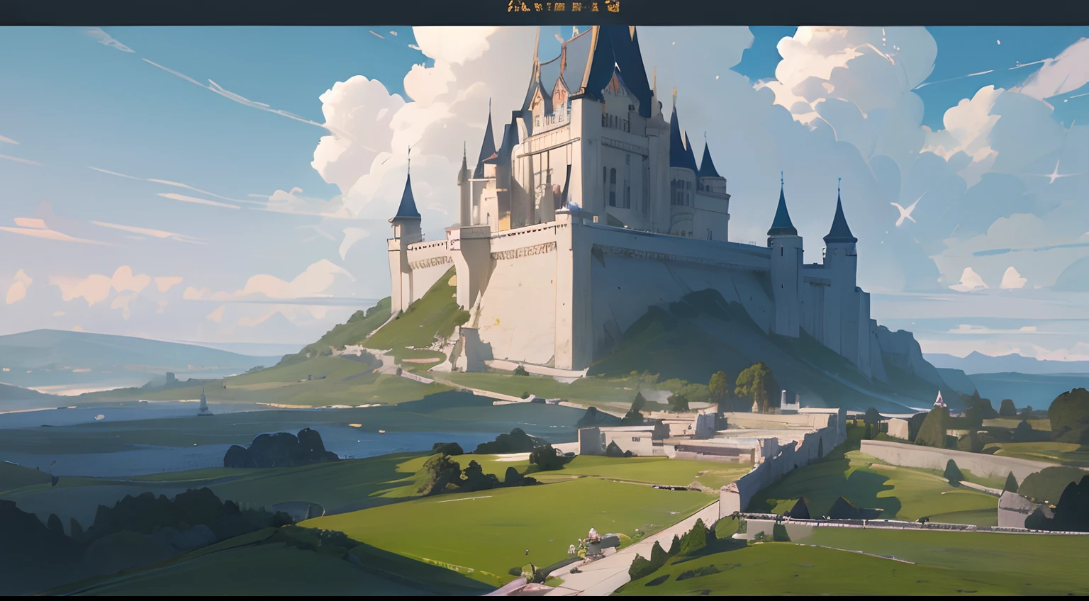 Beautiful fantasy landscape with castle in the distance made of white stone and gold, Knights' Halls, Statues at the castle, Huge swords, elvish, Lake, Splendid clouds, White marble, rays of sunshine, ambient, Wide spaciousness, Hills, Digital Art, landscape, Fantasy art, illustartion, trending artstation, Digital Art, epic lighting, Genshin Impact, Call of Antia, Casual style