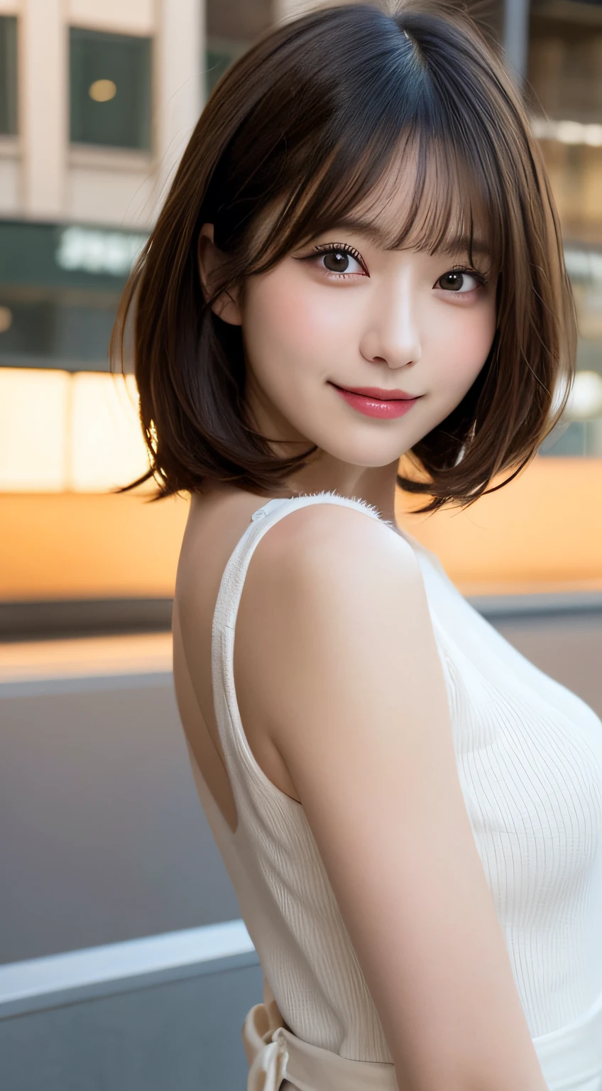 masutepiece, Best Quality, Illustration, Ultra-detailed, finely detail, hight resolution, 8K Wallpaper, Perfect dynamic composition, Beautiful detailed eyes, Women's Fashion,Very short hair,Small breasts natural color lip, Bold sexy poses,Smile,Harajuku、20 years girl、Cute、Sexy shot looking at camera