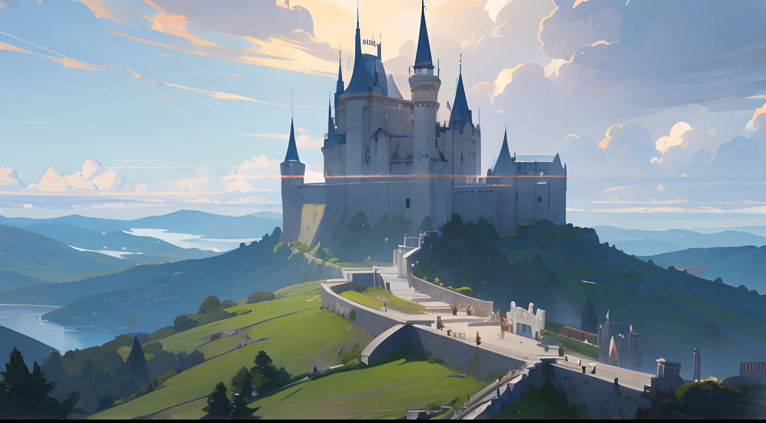 Beautiful fantasy landscape with castle in the distance made of white stone and gold, Knights' Halls, Statues at the castle, Huge swords, elvish, Lake, Splendid clouds, White marble, rays of sunshine, ambient, Wide spaciousness, Hills, Digital Art, landscape, Fantasy art, illustartion, trending artstation, Digital Art, epic lighting, Genshin Impact, Call of Antia, Casual style